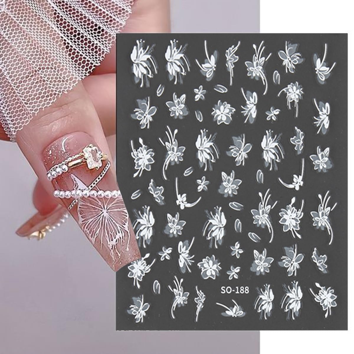 6 Sheets Flowers Nail Art Stickers Black White Bow Flower Decal Nail Decoration Nail Art Supplies 3D Self Adhesive Petal Nail Design Floral Flower Nail Decal Spring Summer Manicure Art Accessories