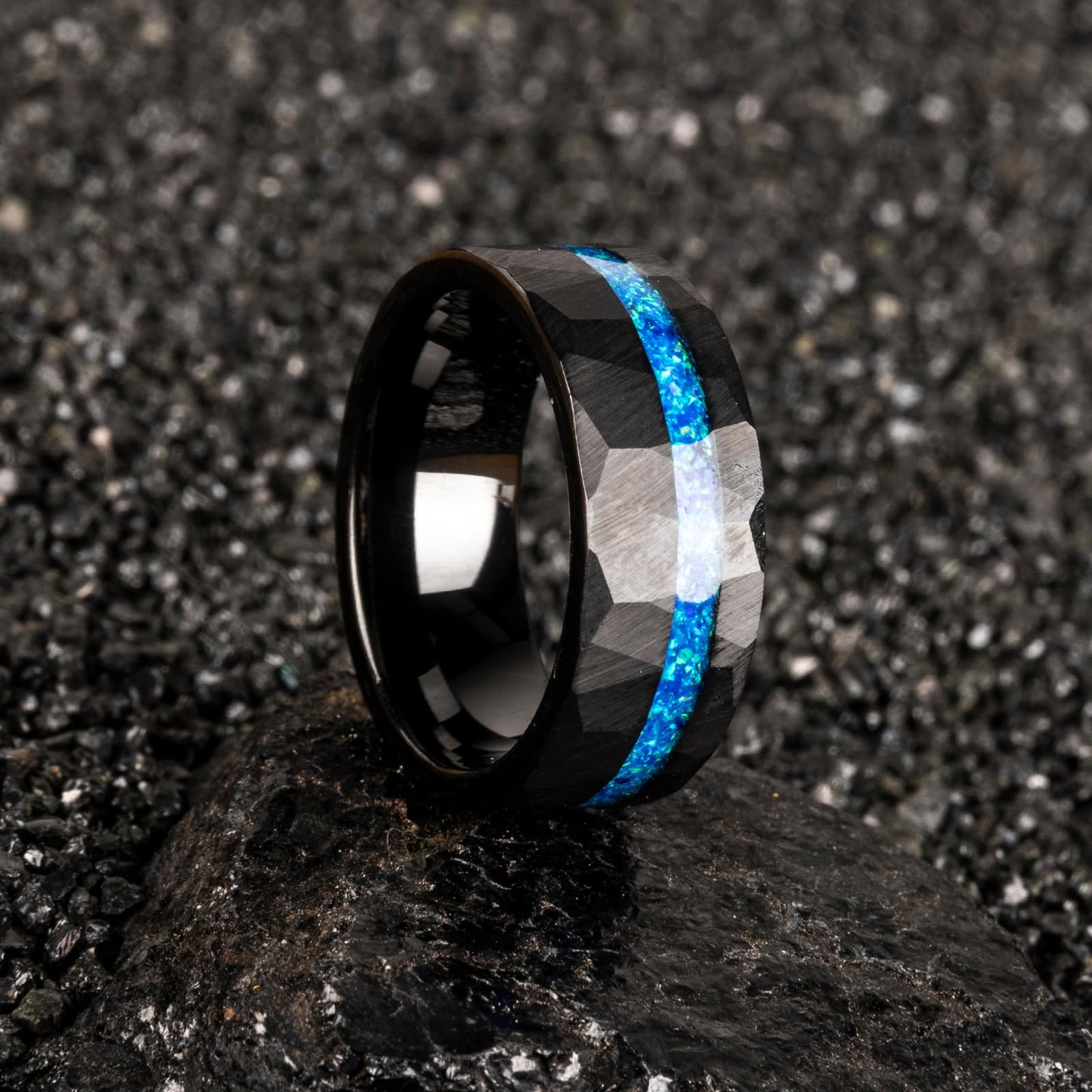 JEWPER 8mm Men Womens Wedding Band Tungsten Rings Black Blue Hammer pattern Fashion Promise Carbide Inlaid Opal Matte Finish Edge Comfort Fit Size(11)