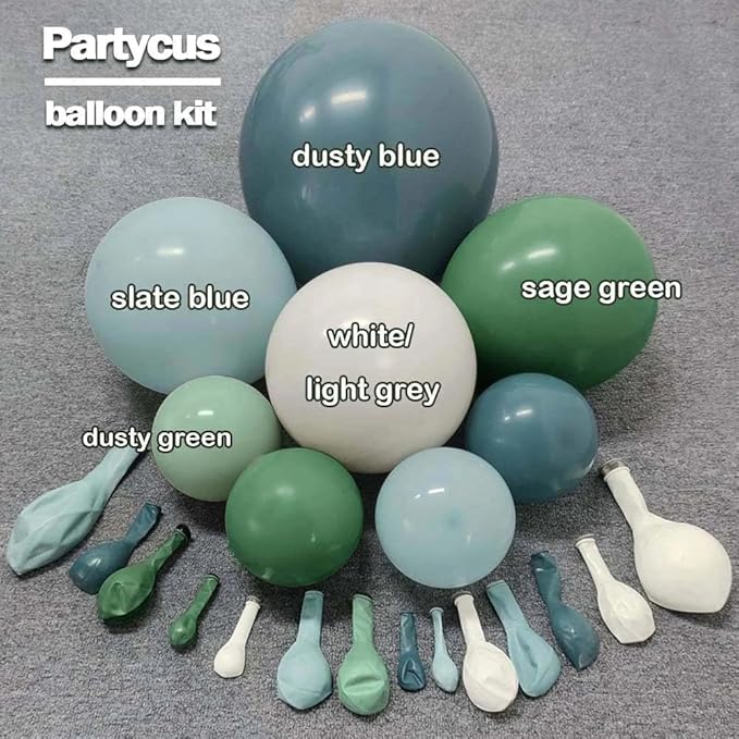Dusty Blue & Sage Green Balloon Arch Kit, Double Stuffed – Slate Blue, Teal, Dusty Green & White Matte Latex Balloons for Baby Shower, Birthday & Wedding