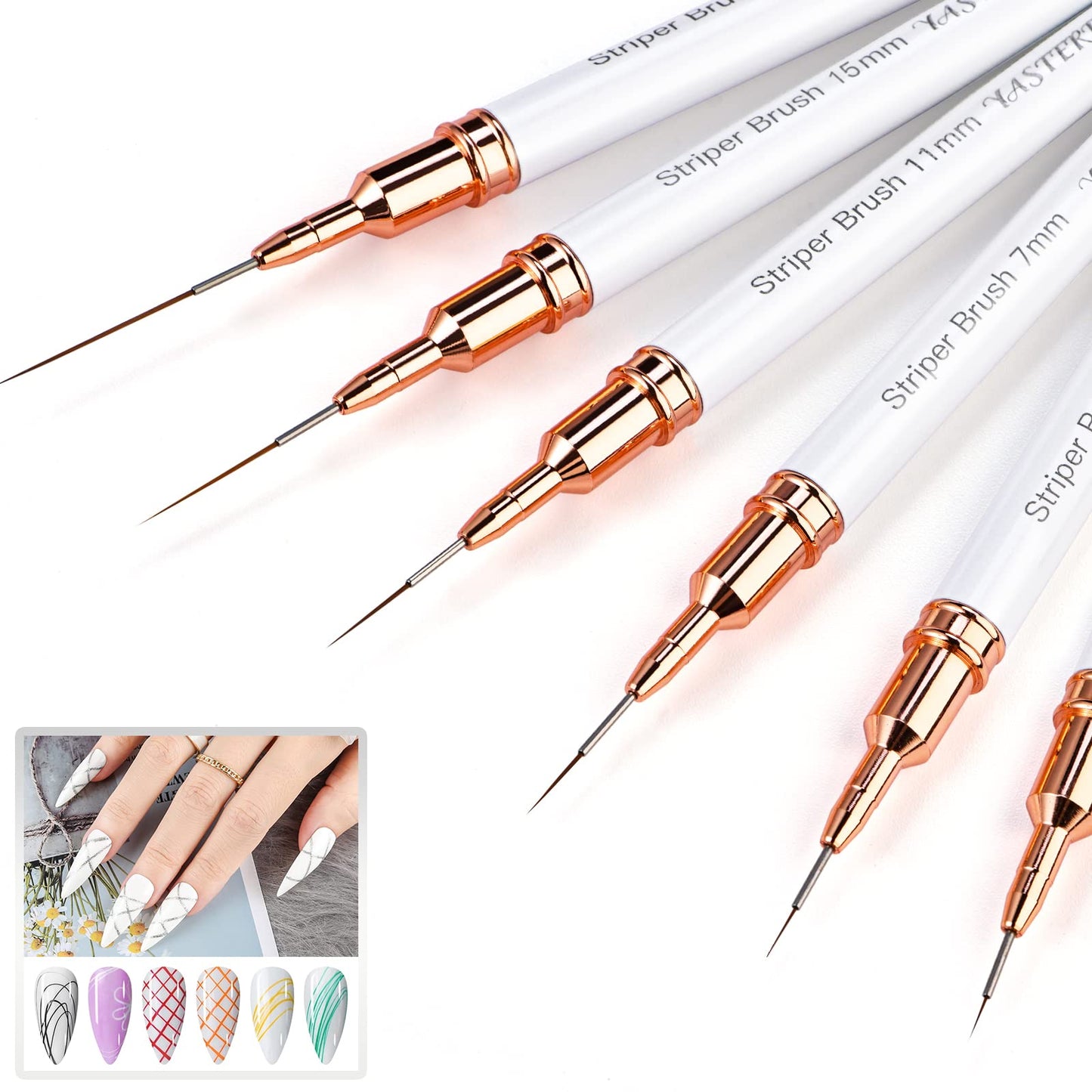 Yasterd 6pcs Striper Brush Set - Long Lines, Thin Details, Elongated Lines, White Metal Handle Nail Brushes for Nail Art - Sizes 5/7/9/11/15/25mm