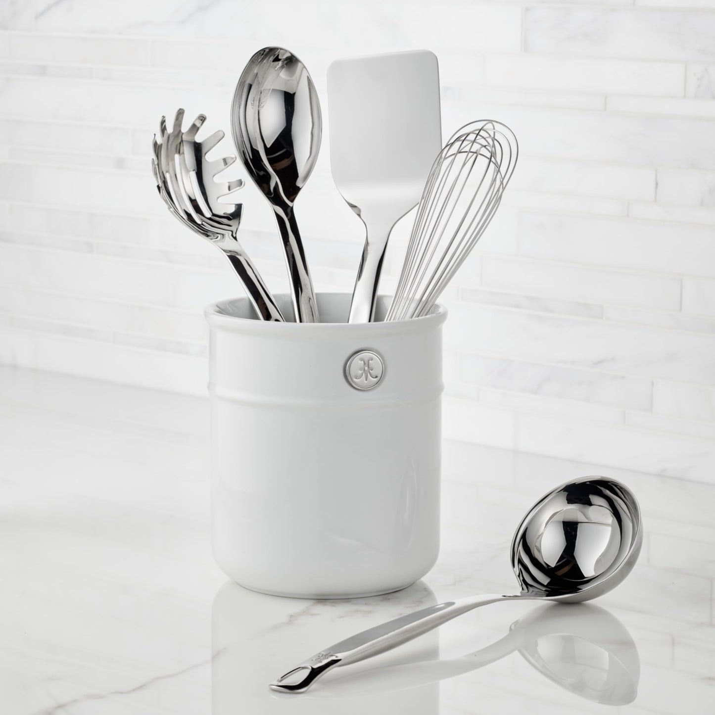 Hestan Provisions Chef's Tools, Deluxe Tool Set (6-Piece) with Porcelain Holder/Bain Marie & Stainless Steel: Solid Spoon, Ladle, Pasta Fork, Turner/Spatula, French Whisk