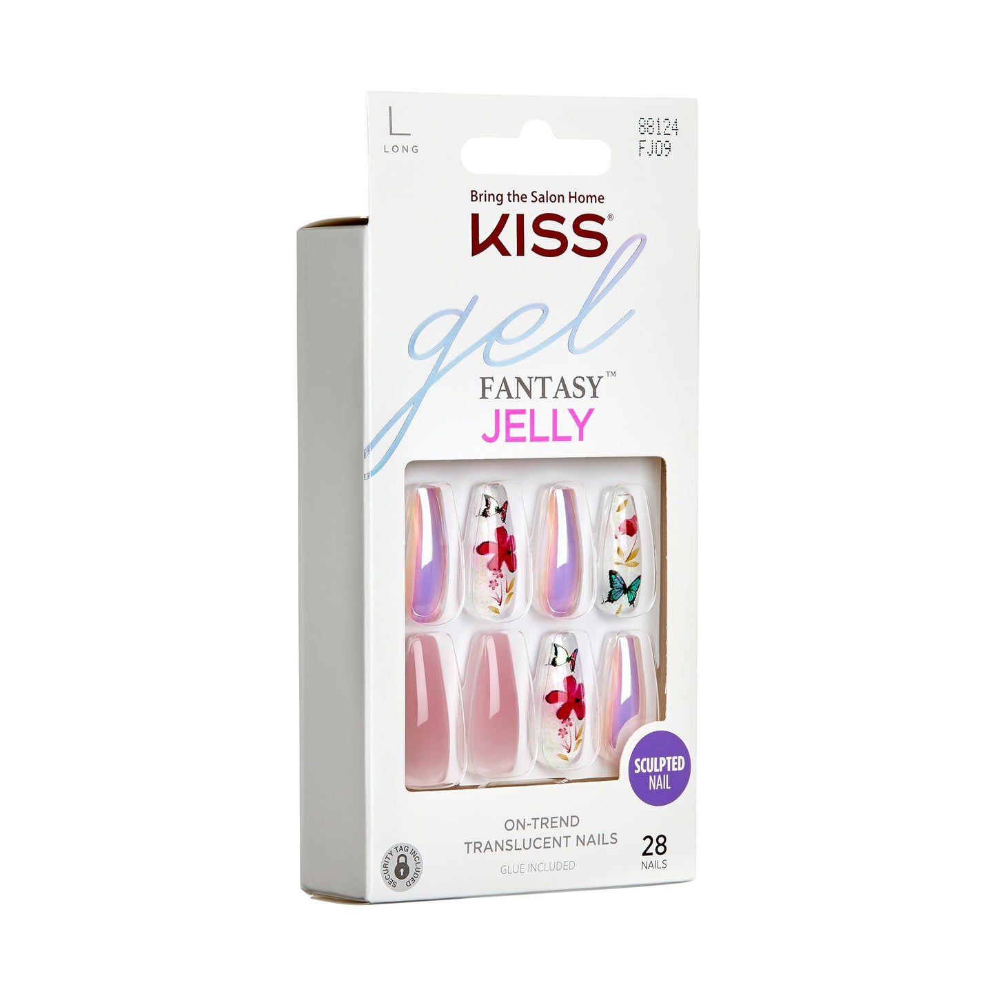 KISS Gel Fantasy Press On Nails, Nail glue included, Jelly Cookie', Pink, Long Size, Coffin Shape, Includes 28 Nails, 2g glue, 1 Manicure Stick, 1 Mini File (Pack of 2)