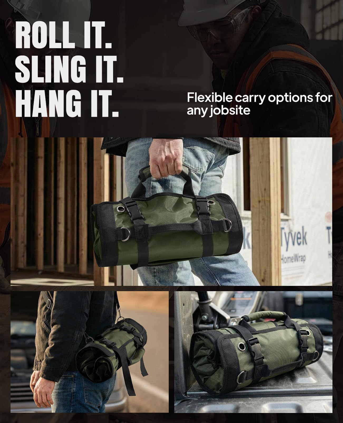 Tool Roll Up Bag, 1680D Heavy Duty Tool Bag Organizer with 2 Detachable Tool Pouches & Multiple Pockets, Waterproof Motorcycle Tool Roll for Mechanic & Electrician, Gift for Men Him Dad, 21.9"*14.7"