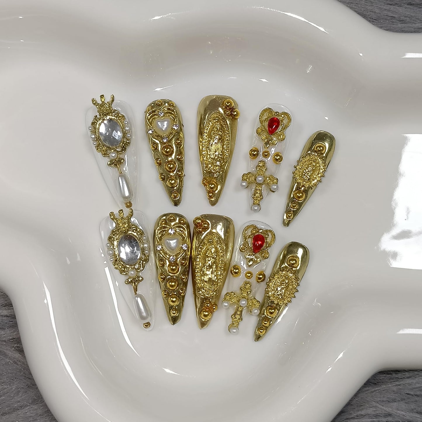 TENPAL 10Pcs Handmade Royal Press On Nails With Tools,Metallic Gold Long Stiletto Fake Nails with Pearl & Celestial Charms Designs,Sculpted 3D Baroque Acrylic Glue on Nails for Wedding Gothic Ball(L)