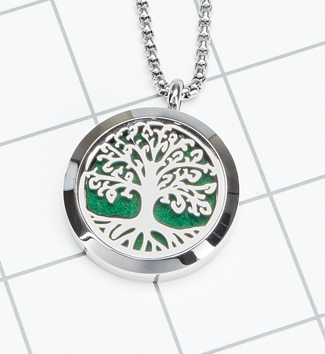 Aromatherapy Essential Oil Diffuser Necklace Tree of Life Pattern Stainless Steel Locket Pendant with 24 Inch Chain
