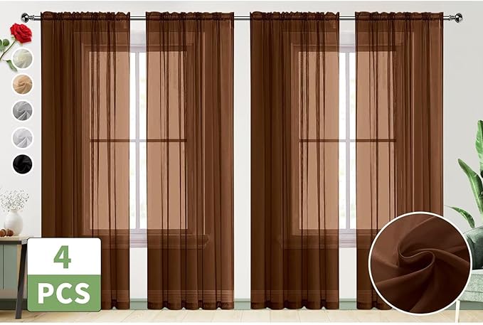 SpaceDresser Brown Sheer Curtains 4 Panels Rod Pocket Semi-Sheer Curtain 63 Inches Long Light Filtering Voile Window Drapes for Bedroom Living Room Kitchen, Each 52W x 63L