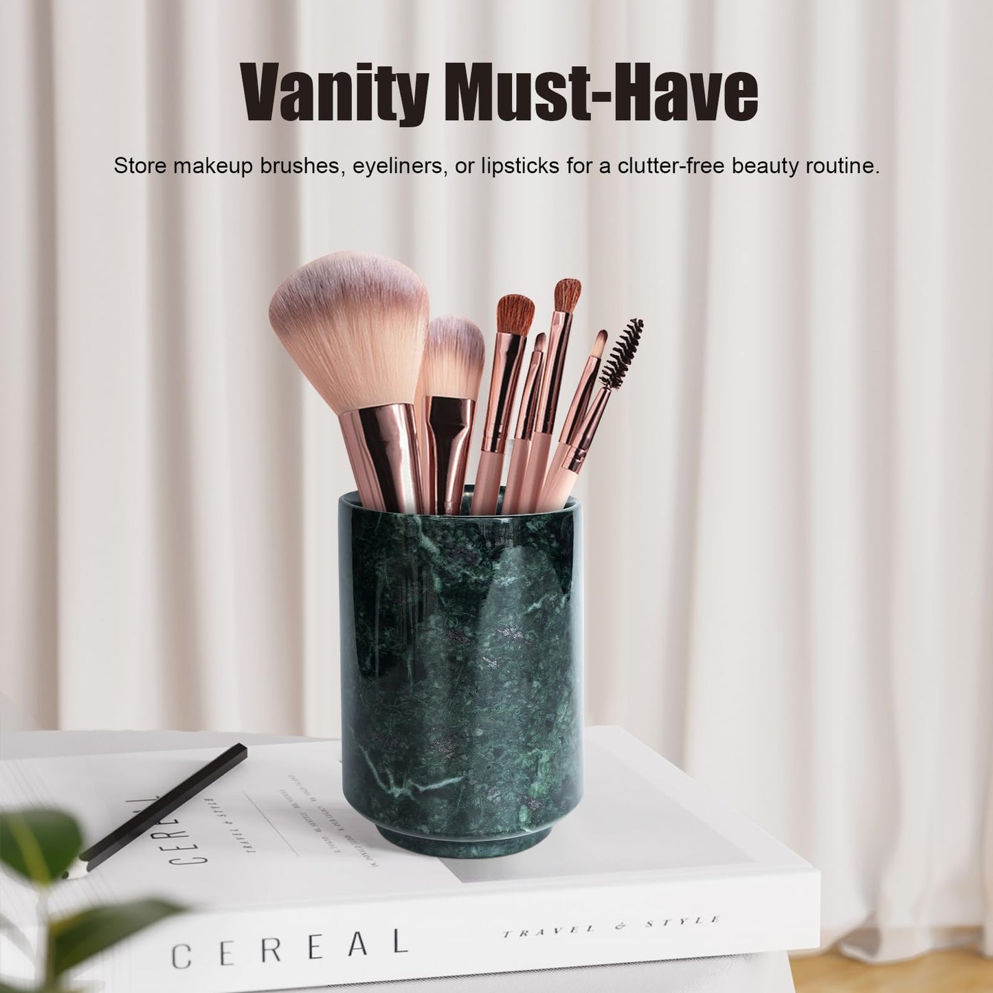 Genaetyg Handcrafted Green Marble Tumbler Cup | Multi-Use Organizer for Pens, Makeup Brushes, Toothbrush | Home Office Bathroom Vanity Decor, 4 Inches