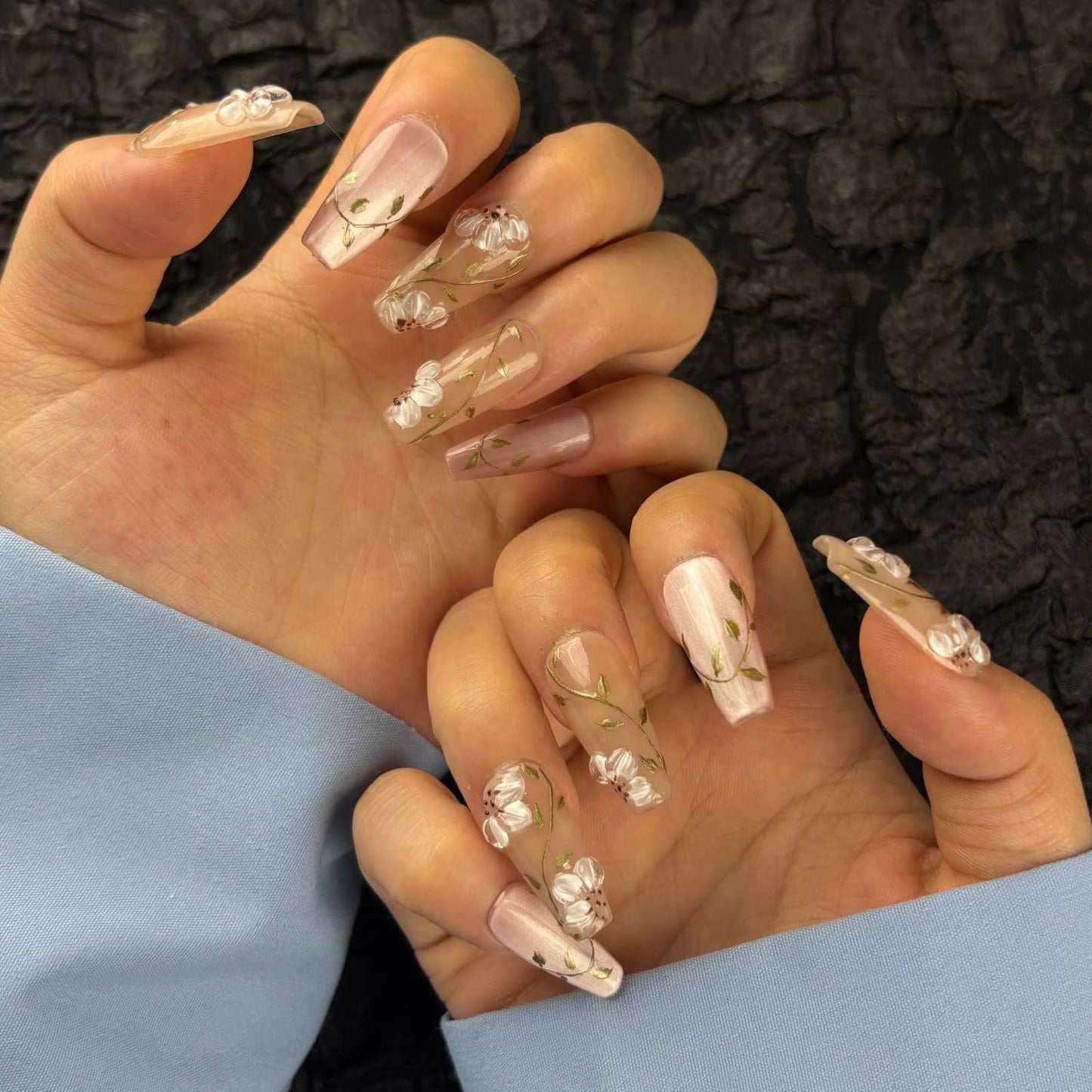 AKA Unicorn Trendy Handmade Press On Nails Medium Coffin Shape,10Pcs Hand Painted Acrylic Fake Nails with 3D Flower Charm Design Clip On Nail for Woman Gift