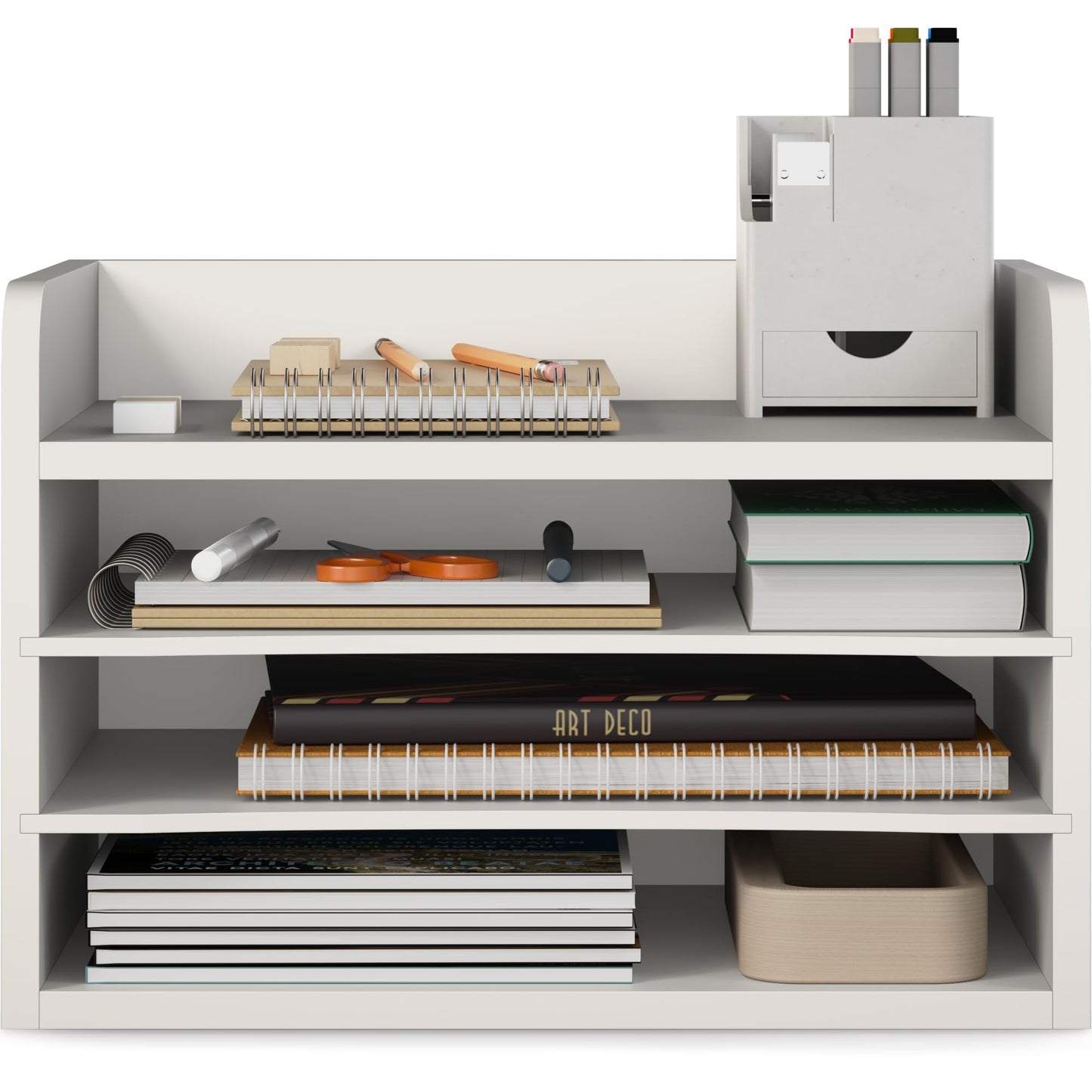 Ballucci File Organizer, 4-Tier Office Desk Organizer, Open Top Wood Paper Organizer for Classroom, Mail Sorter Paper Tray with Adjustable Storage Shelves, White