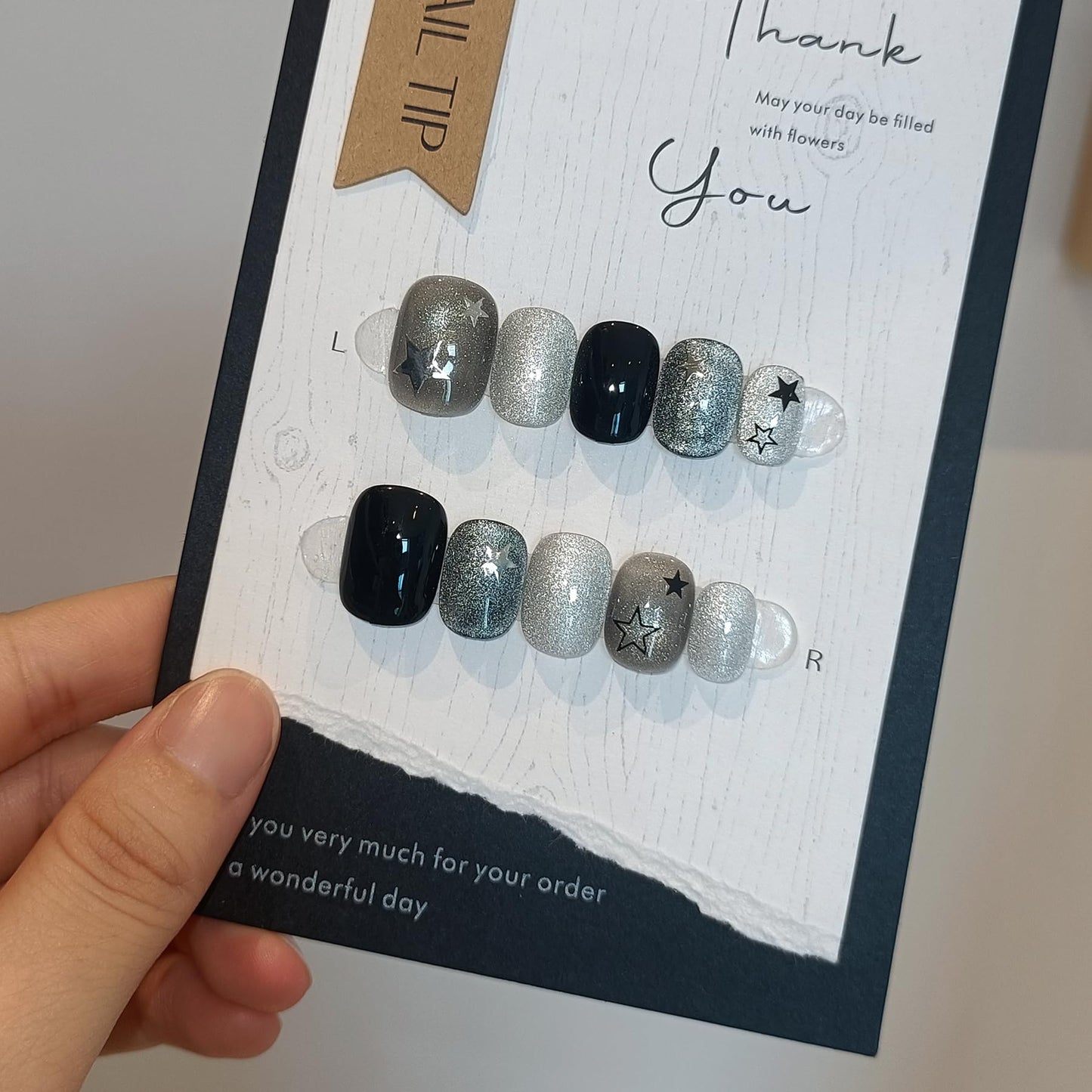 TENPAL Glitter Cat Eye Press On Nails 10 Pcs with Tools Kit - Handmade Black Grey Starry Sparkle Glue on Nails, Glossy Short Square Edgy Sweet False Nails,Reusable Fake Nails for Date Night Party(XS)