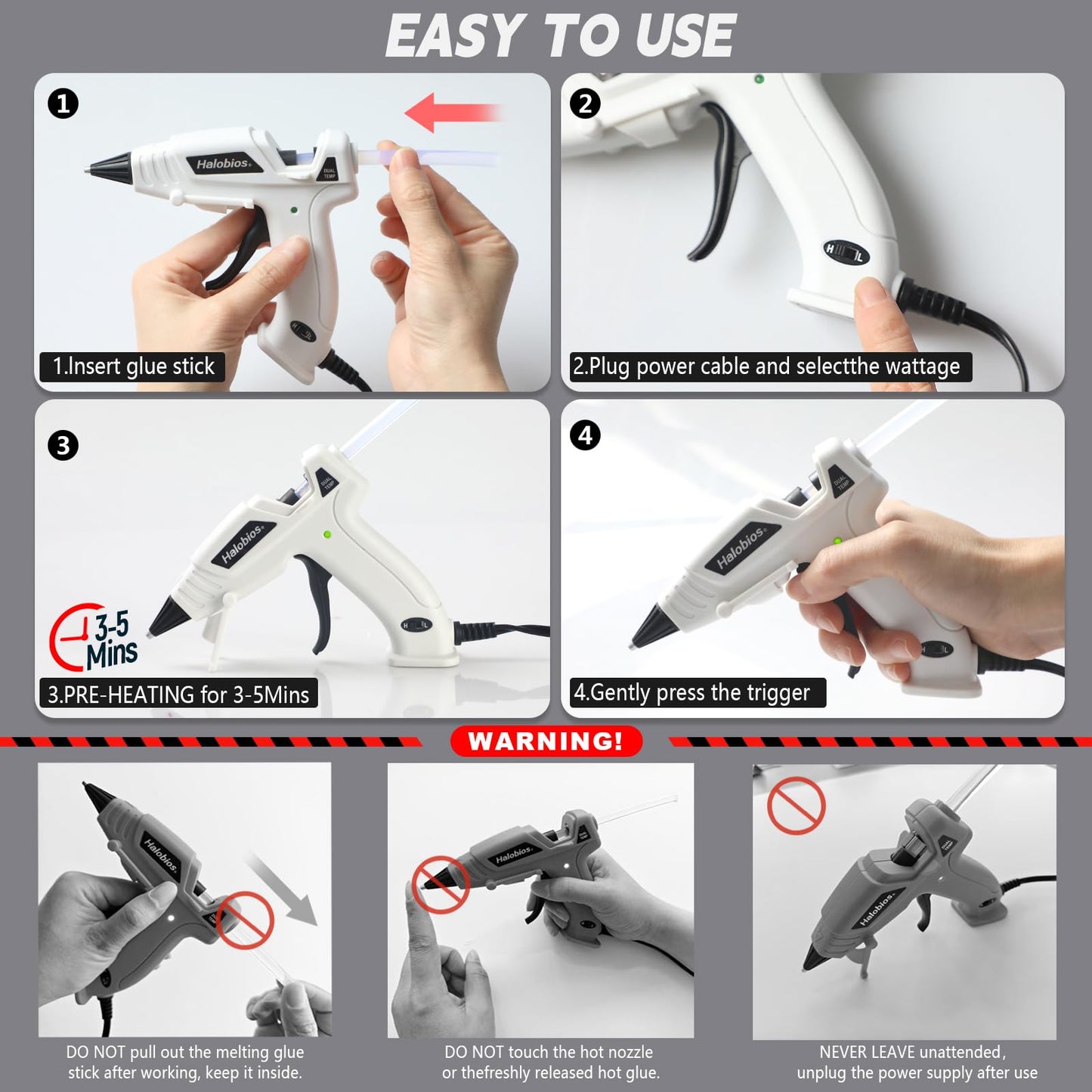 Halobios Mini Dual Temp Hot Glue Gun with 32 Glue Sticks, Quick Preheat Hot Glue Gun, Two Temperatures for DIY, School Craft and Home Repairs (White)