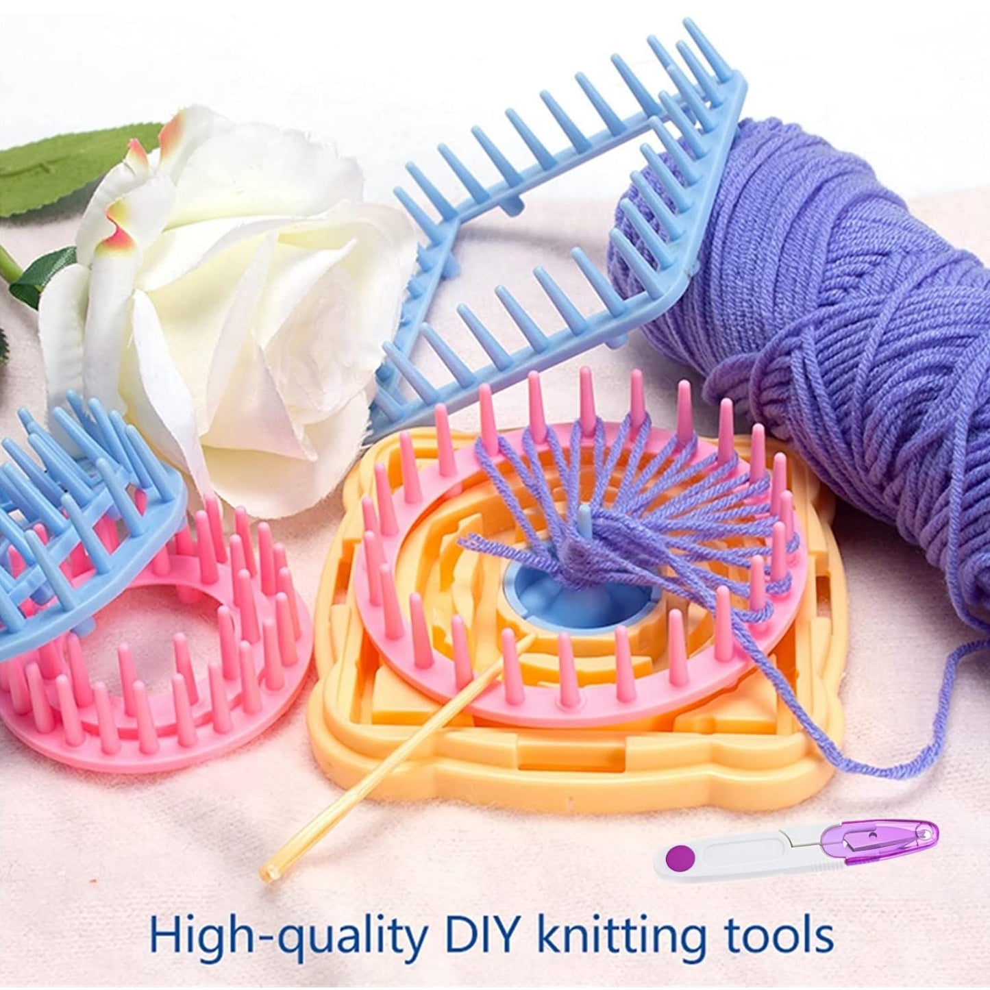 Ayasee Weaving Loom Kit, Flower Knitting Loom Kit, Frame Looms, Knitting Wool, Round/Square Knitting Looms Craft Kit Multi Color (Flower Maker + Pom Maker + Yarn)