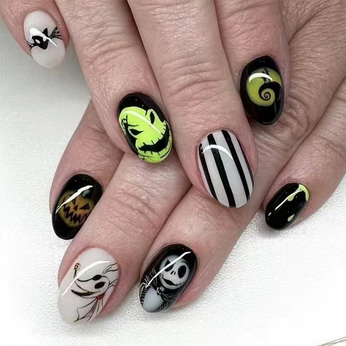 Halloween Press on Nails Short Almond Fake Nails with Skeleton Bat Pumpkin designs Spooky Nails Glossy Stick on Nails Black White Stripe False Nails Glue on Nails for Women Halloween Press ones 24pcs