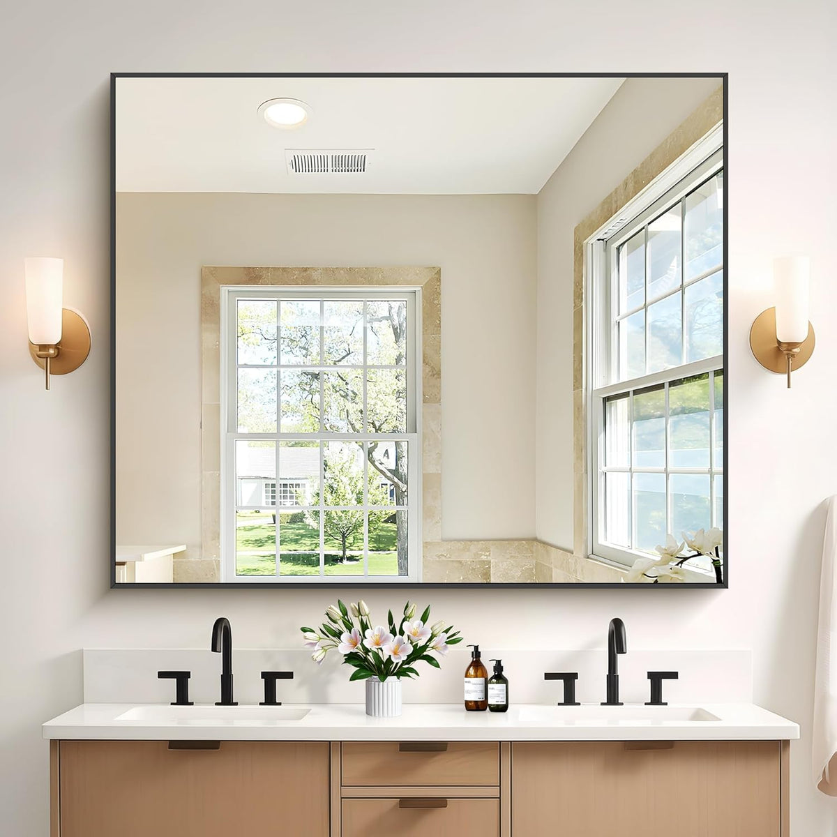40x48inch Black Bathroom Mirror, Black Rectangle Mirror with Frame, Large Rectangular Wall Mirrors for Bathroom, Living Room, Hair Salon, Big Farmhouse Mirror Hang Horizontal/Vertical