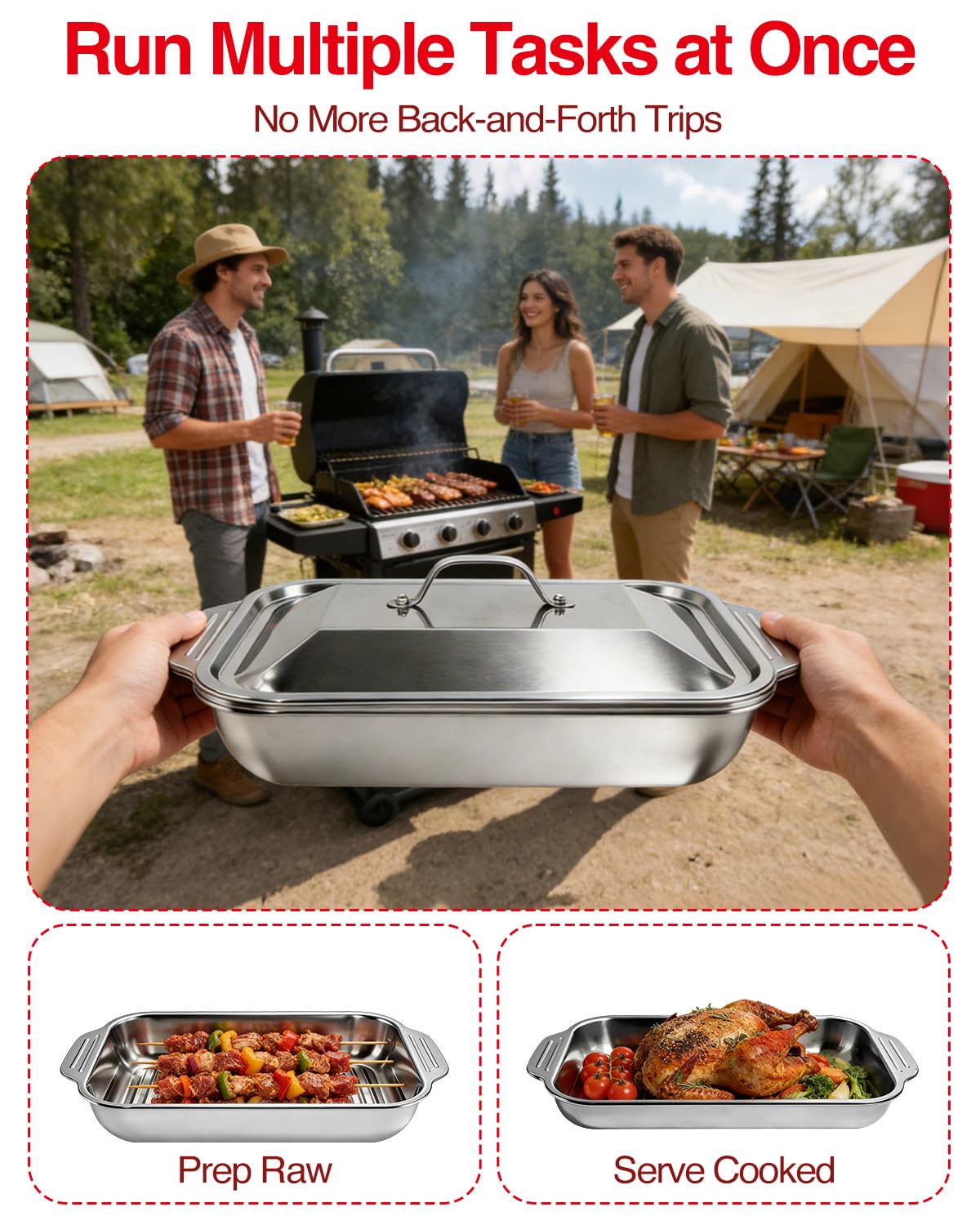 Ashwaves Grilling Prep and Serve Trays with Upgraded Lid, Stainless Steel Extra Large Grill Carry System, Deep Marinating Container with Cutting Board for BBQ Outdoor Grilling