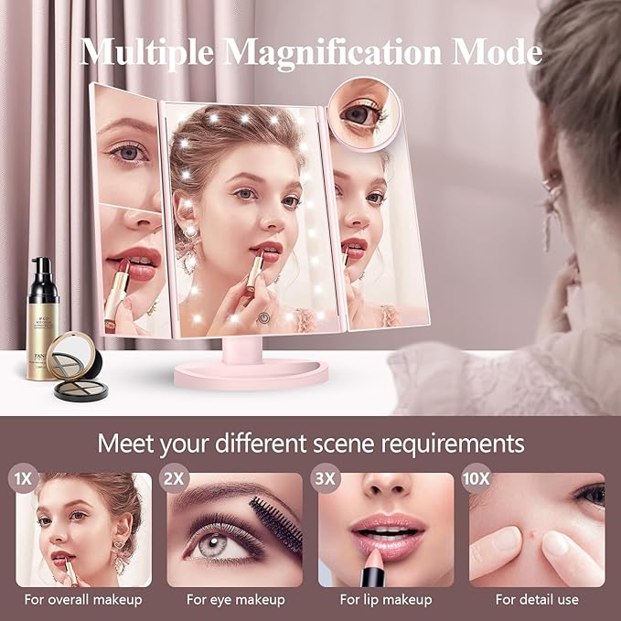 HUONUL Makeup Mirror Vanity with Lights, 2X 3X 10X Magnification, Lighted Mirror, Touch Control, Trifold Dual Power Supply, Portable LED Women Gift (Pink)