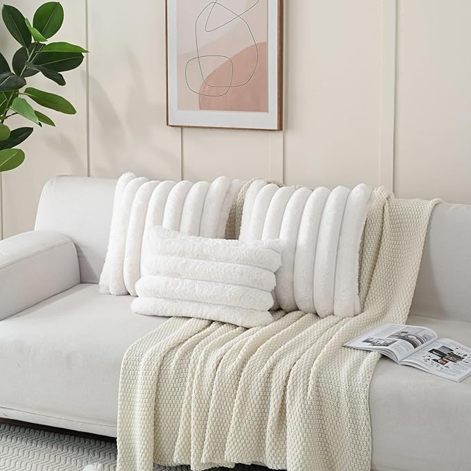 FUTEI Cream White Decorative Throw Pillow Covers 20x20 Inch Set of 2, Square Soft Faux Rabbit Fur Thick Striped Cushion Cover,Winter Home Decor for Couch Bed Living Room