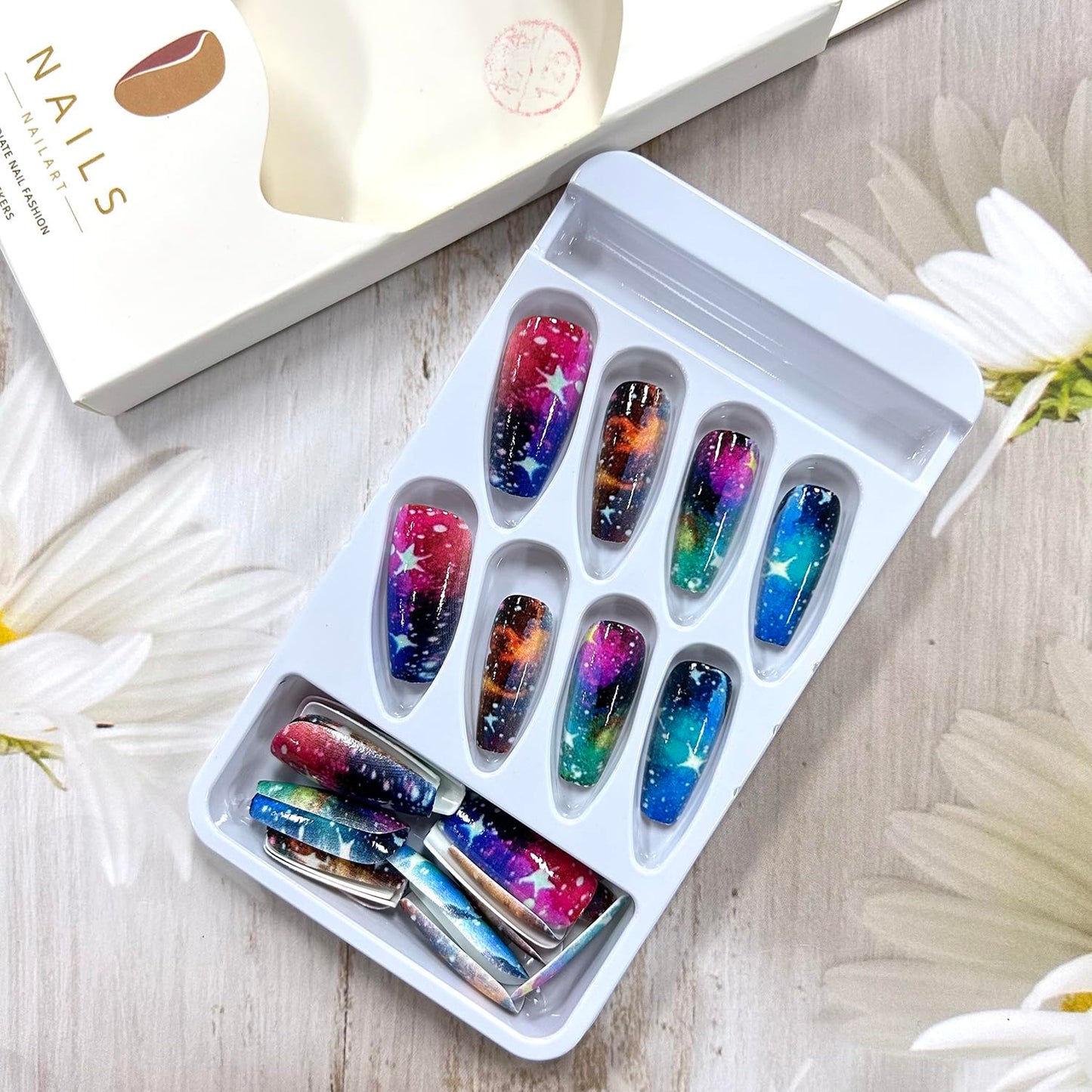 CJDLTS Press on Nails Medium Ballet Shaped Colorful Starry Sky Pattern Design Glitter Nails Stars False Nails Full Cover Artificial Coffin Nails Acrylic Stick on Nails Glossy Glue on Nails for Women