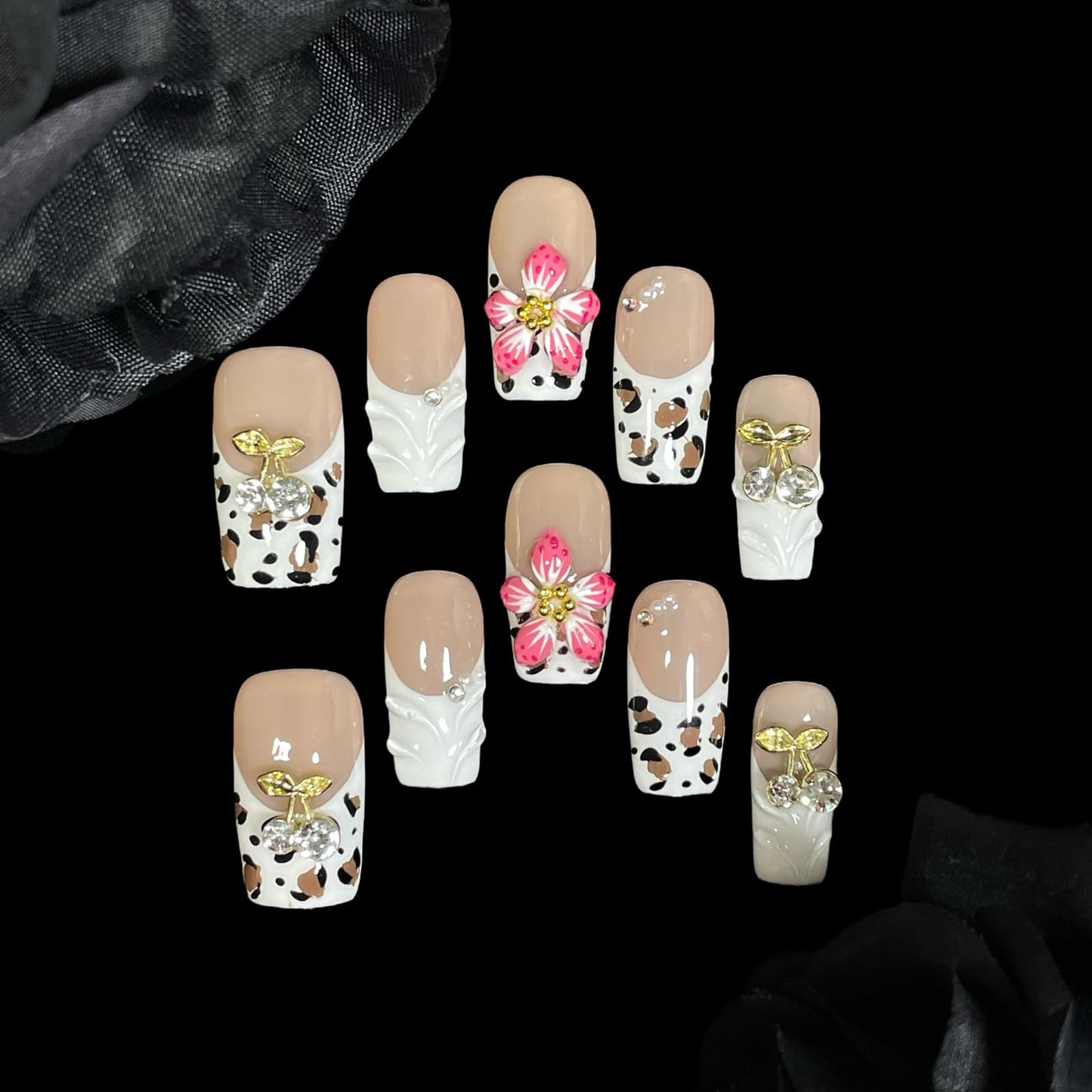Handmade Press On Nails, 3D Velvet Floral Short/Medium Length Square White French Tips, Leopard Cherry Design, Reusable Acrylic False Nails (Velvet Jungle, L)