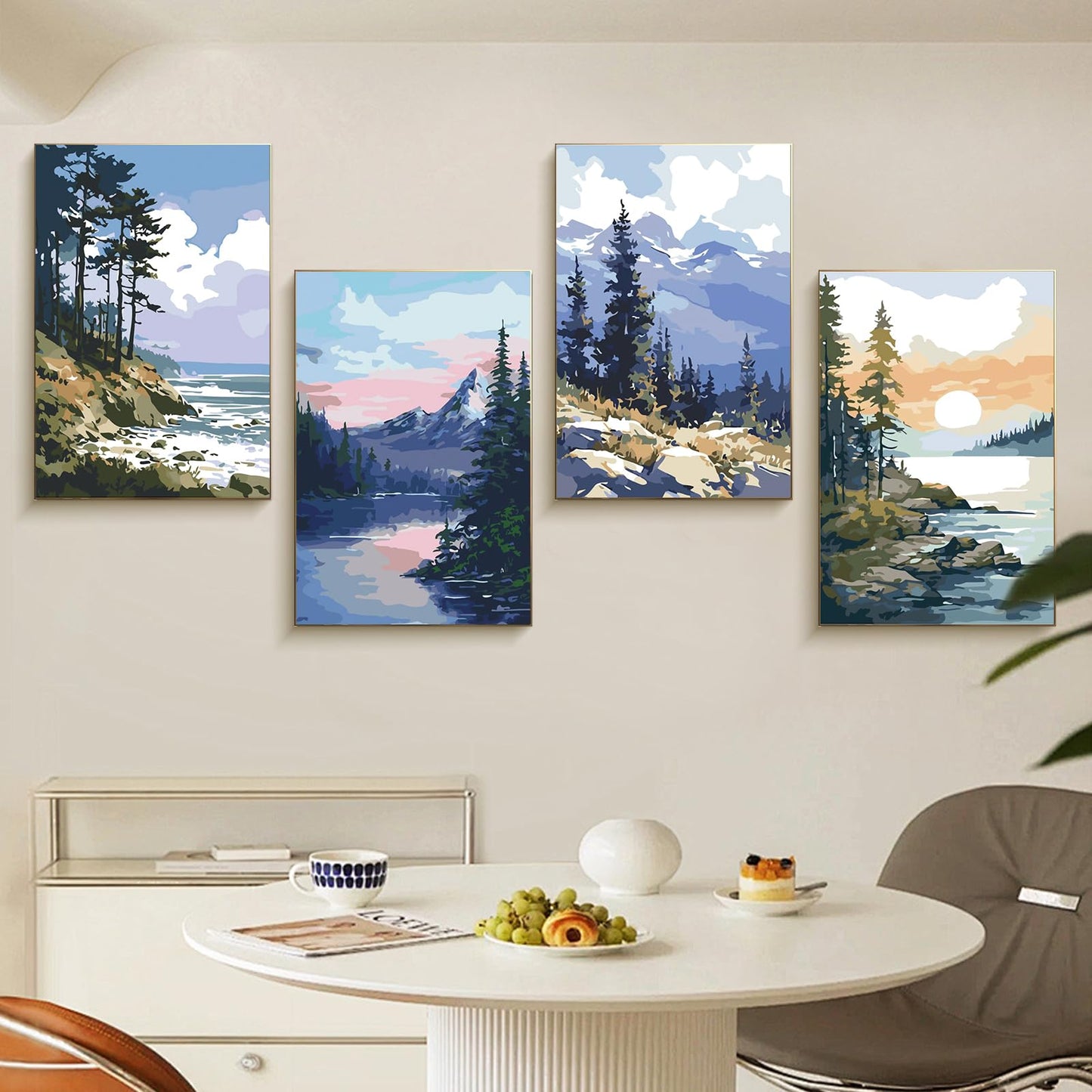 Fountor 4 Pack Framed Paint by Numbers Kit for Adults Beginners with Wooden Easel, DIY Landscape Arts and Crafts for Adults, Painting by Numbers for Home Wall Decor, 8x12 inch