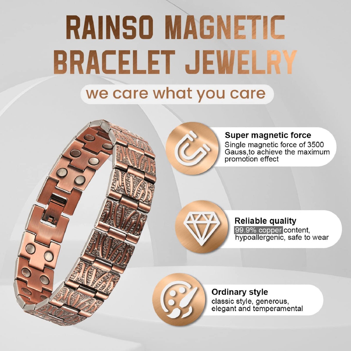 RainSo 99.99% Men Double Row Pure Copper Magnetic Bracelet for Men 3500 Gauss with Gift Box Adjustable