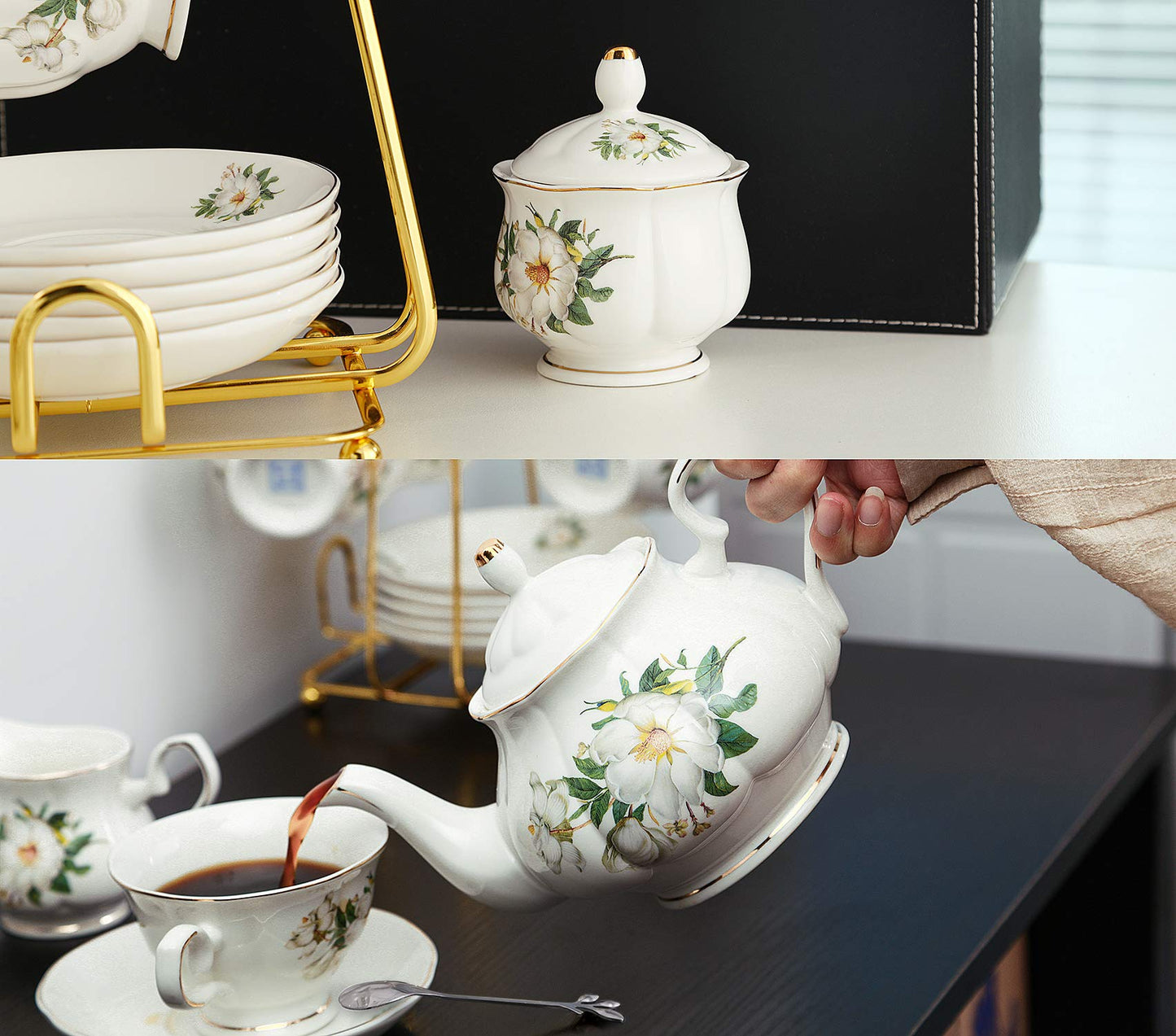 CHENP.HMC Porcelain Tea Set Tea Cup Set 22-Piece Porcelain Ceramic Coffee Tea Gift Sets Cups Saucer Service for 6 Teapot Sugar Bowl Creamer Pitcher and Teaspoons tea pot sets(Camellia)