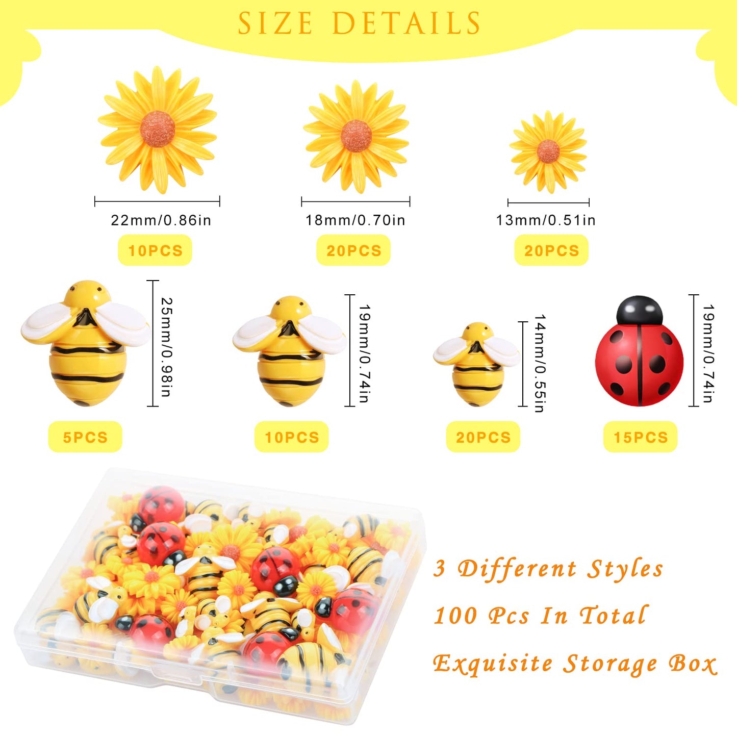CCOZN 100 Pieces Tiny Resin Bees Daisy Flowers Ladybugs, Flatback Daisy Flowers Bumble Bees Embellishment Bee Decors with Box DIY Wreath Cake Decorations Flowers Bee for Crafts Scrapbooking