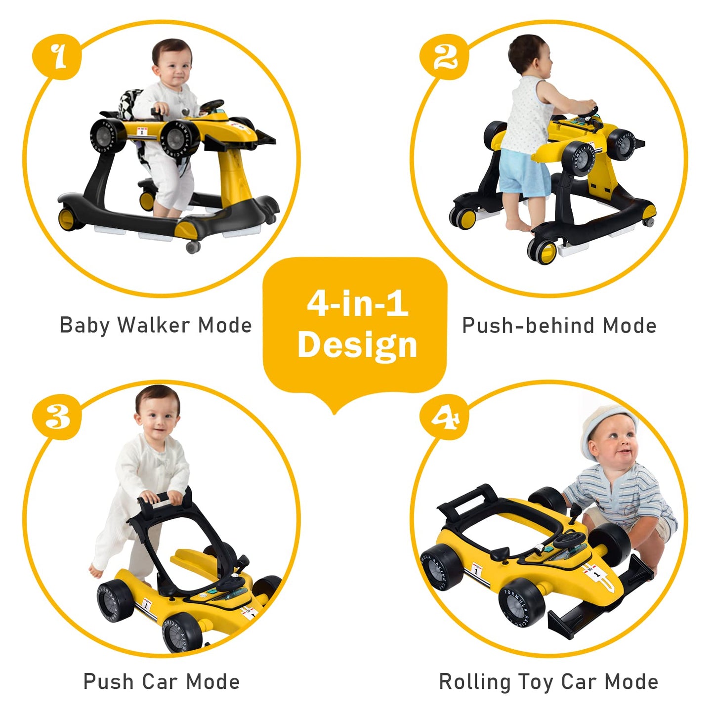 GLACER Foldable Baby Walker, 4-in-1 Infant Walker with Adjustable Height & Speed, Music, Light, Steering Wheel & Washable Cushion, Baby Walker Activity Center for Boys Girls 6 –18 Months (Yellow)