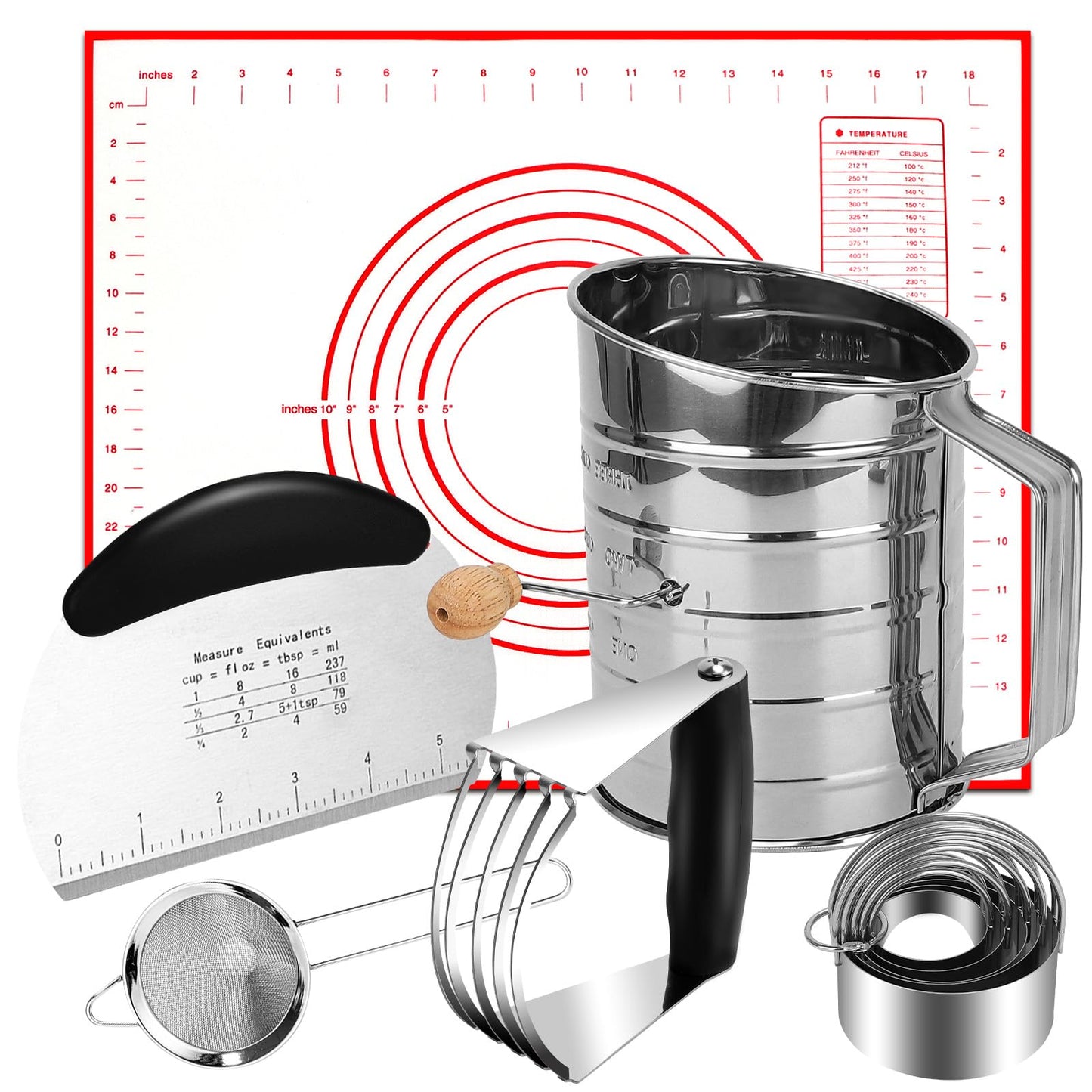 Biscuit Cutter Set,10PCS Stainless Steel Pastry Blender Set with Pastry Cutter,5PCS Biscuit Cutter,Dough Cutter,3 Cup Flour Sifter,Baking Mat and Fine Mesh Strainer for Cooking Cookies and Donuts