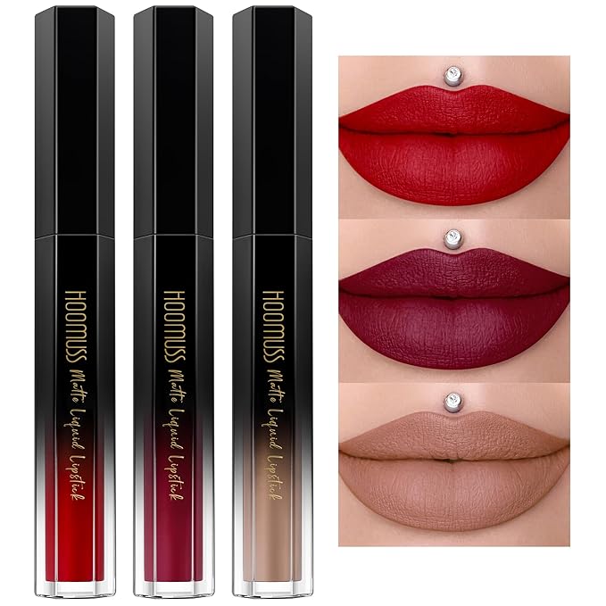 Red Lipstick Set Long Lasting 3Pc Matte Liquid Lipsticks for Women Non Transfer Smudgeproof Red Burgundy Nude Lipstick Kit Cruelty Free Lip Color, 13/47/61