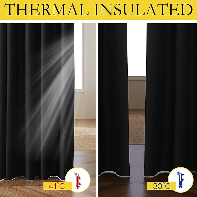 NICETOWN Vintage Open Linen Weave Flax Thermal Black Curtains for Holloween Decoration, 100% Blackout Curtains 84" Long 2 PCs for Dining Room, Soundproof Window Treatment Drapes for Hall Room