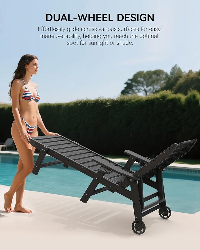 Carauci Lounge Chair Outdoor Set of 4, HDPE Chaise Lounge with Wheels, 5-Position Adjustable Backrest & 2 Cup Holders Patio Lounge Chair, All-Weather Pool Sun Lounger for Poolside, Backyard, Black