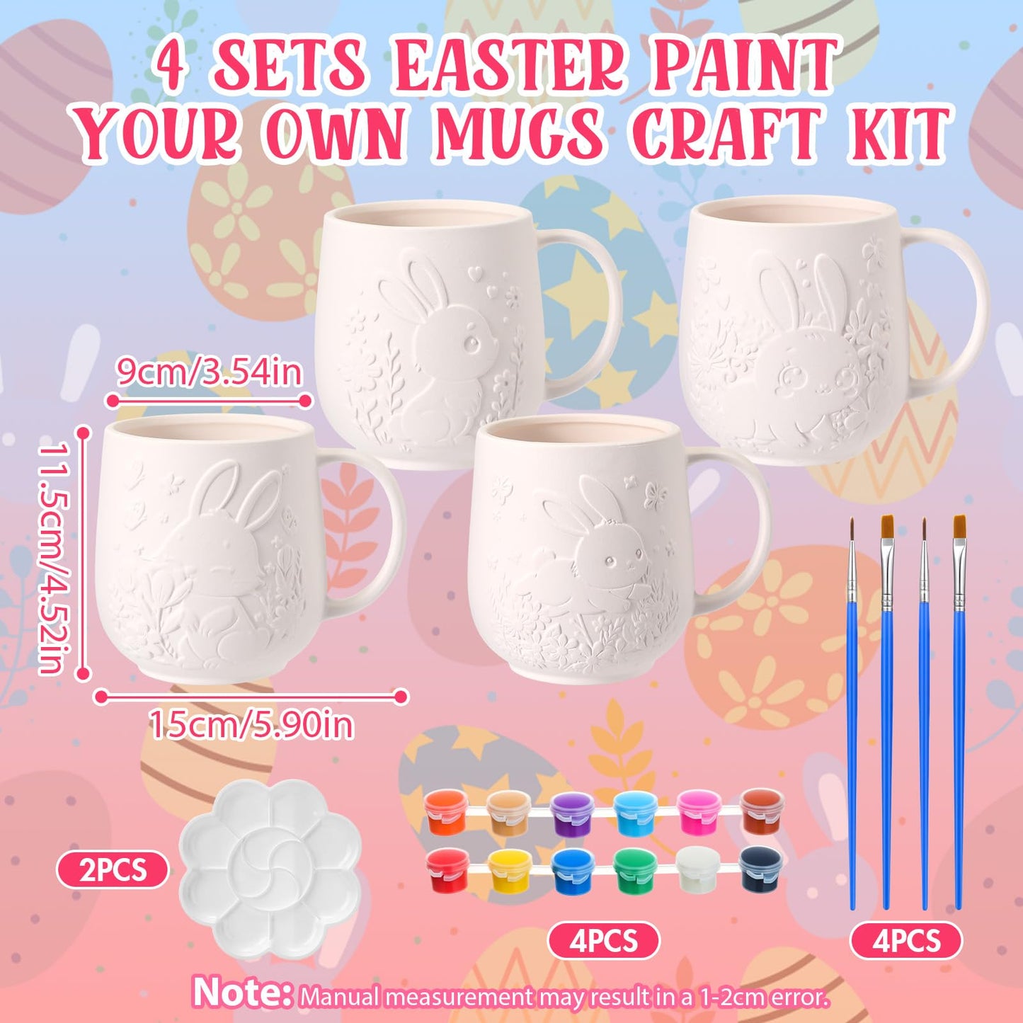Zubebe 4 Sets Easter Paint Your Own Mugs Craft Kit, Bunny Ceramic to Paint, DIY Mugs for Adults, Festive Coffee Tea Cup for Adults with Painting Set for Easter Basket Stuffers Family Party Favors Gift