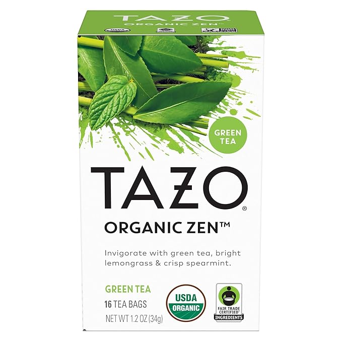 TAZO Organic Zen Green Tea, Caffeinated Tea with Refreshing Lemongrass & Spearmint, 16 Total Bags