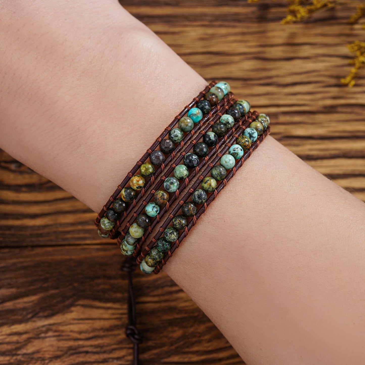 Plumiss Boho Natural 4mm African Turquoise Beads Stone 3 Wraps Bracelet Jewelry for Women Men
