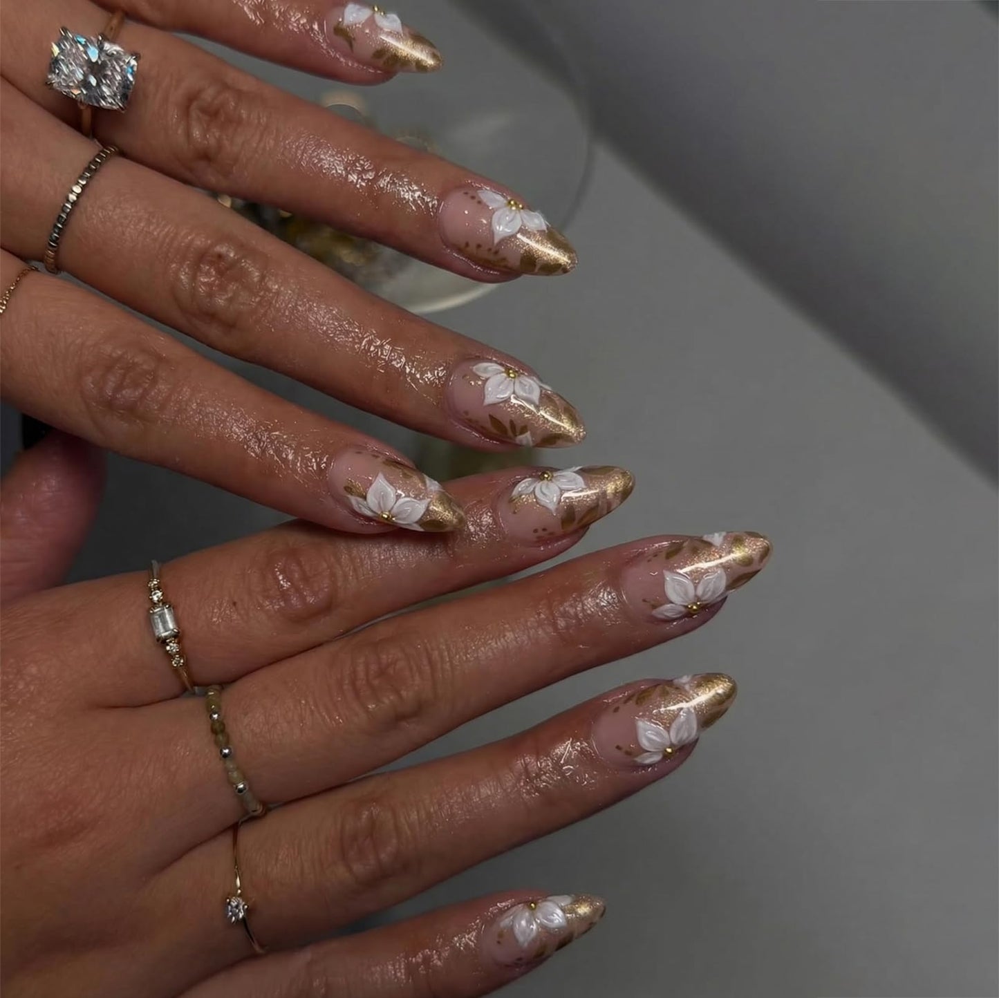 IMRAIN Almond Press on Nails, Medium Fake Nails, Cat Eye 3D White Flower Gold Leaf Design, 24 Pcs Reusable Glue on Nails for Women, Salon Quality