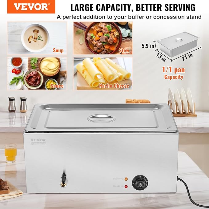 VEVOR Commercial Food Warmer, 1 Pan Electric Steam Table, 1200W Professional Countertop Stainless Steel Buffet Bain Marie with 86-185°F Temp Control for Catering and Restaurants, Silver