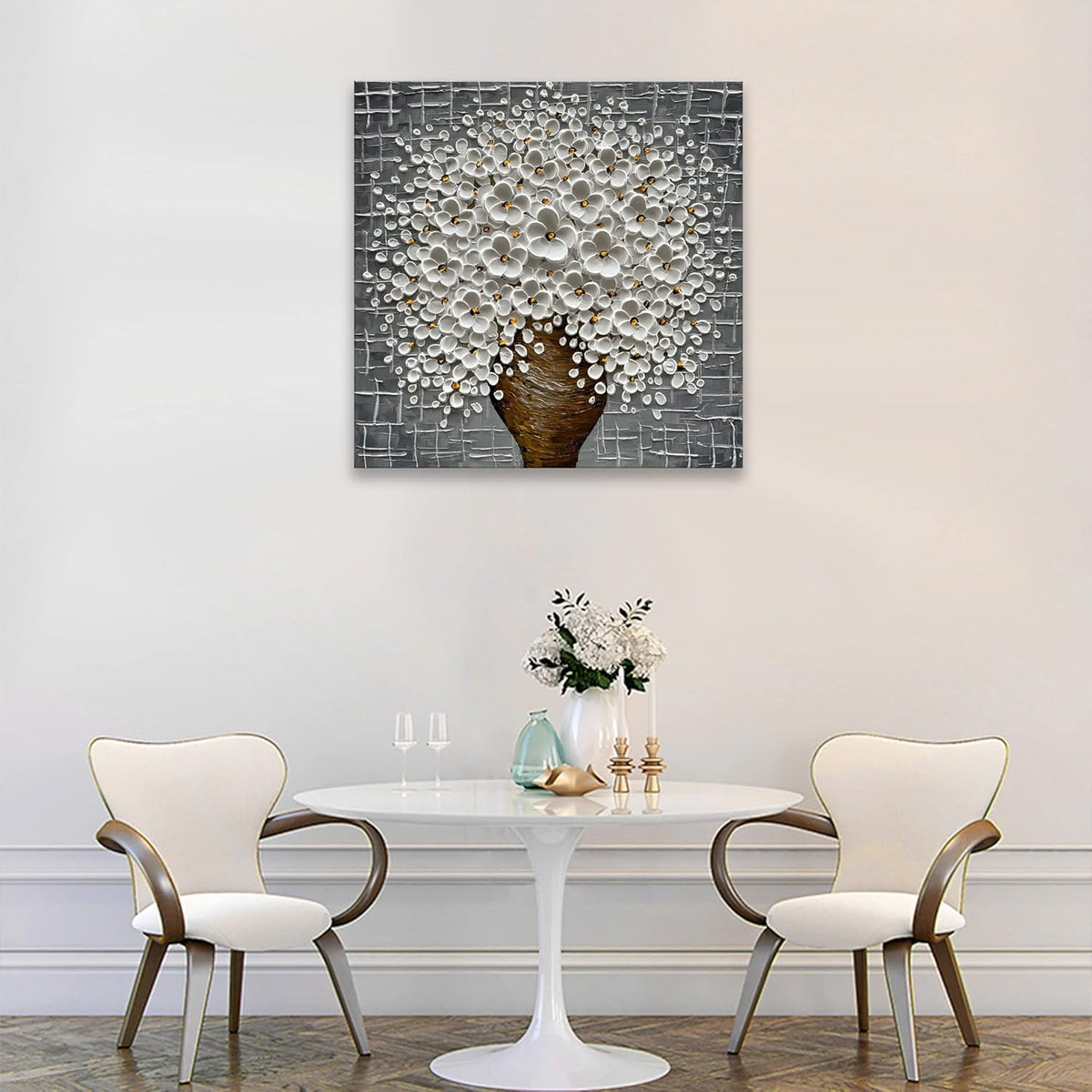 Epicler Hand-Painted 3D Abstract Modern Oil Painting Wall Art,24x24 Inch White Flower Painting, Flower Wall Art Painting,Living Room Bedroom Wall Decoration Oil Painting Ready to Hang