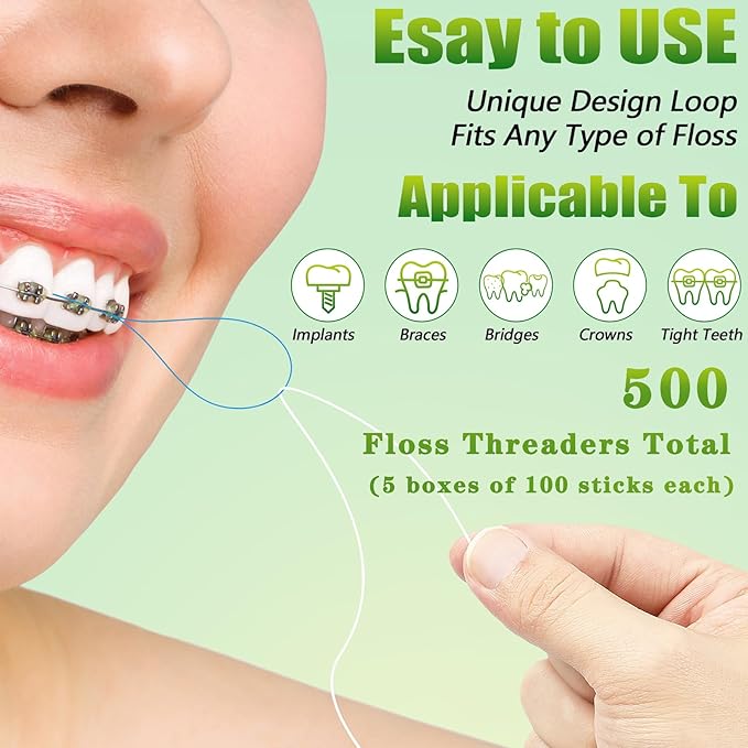 Floss Threaders, Orthodontic Threader, Ultraclean Access Tool for Maintaining Oral Health with Braces, Bridges, and Implants 500 Count (5Pack)