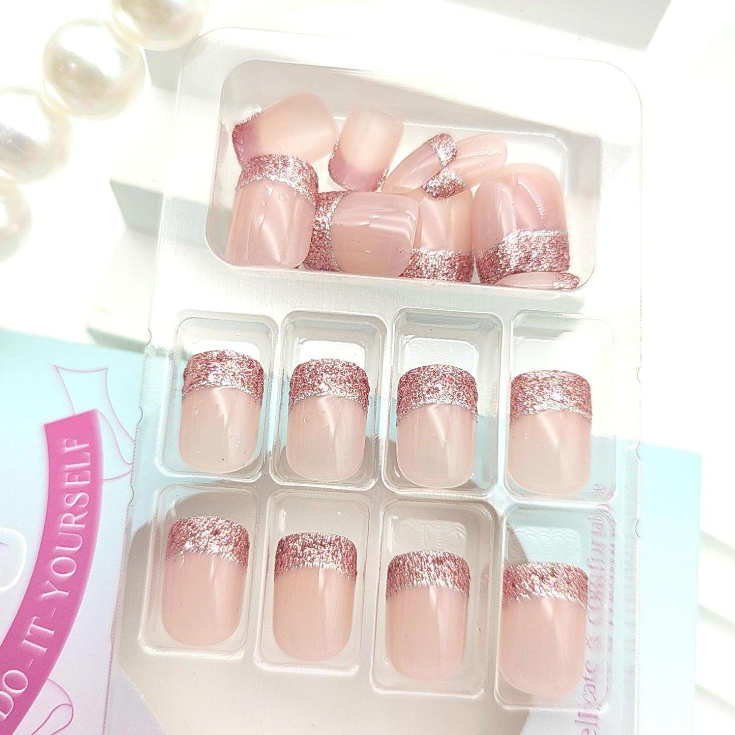 French Tip Press on Nails Short Square Fake Nails with Glitter Designs Nails Press ons Nude Glue on Nails Glossy Acrylic Nails Simple False Nails Cute Stick on Nails for Women 24Pcs