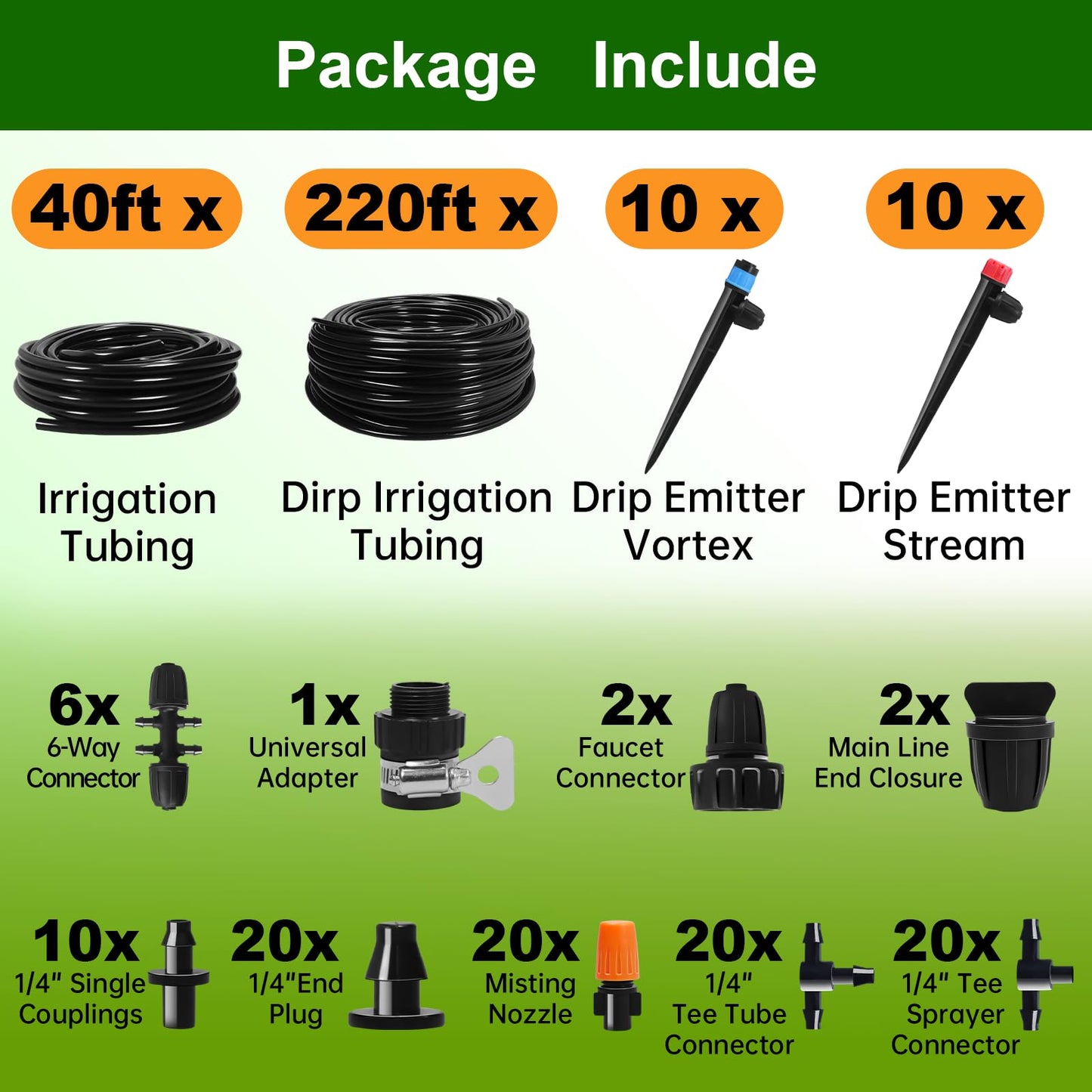 260 FT Drip Irrigation System Kit, Automatic Garden Watering System with 2/5" & 1/4" Tube for Greenhouse, Lawn, Raised Bed, Micro Misting Plant Sprinkler System, Adjustable Drip Emitters