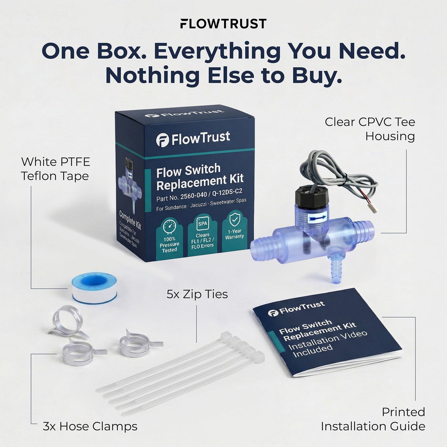 FlowTrust Flow Switch 2560-040 (Q-12DS-C2) - Flow Sensor Replacement for Sundance Spa, Jacuzzi, & Sweetwater Hot Tubs - OEM Grade Plug & Play with Complete Install Kit, Fixes FLO / FL1 / FL2 Errors