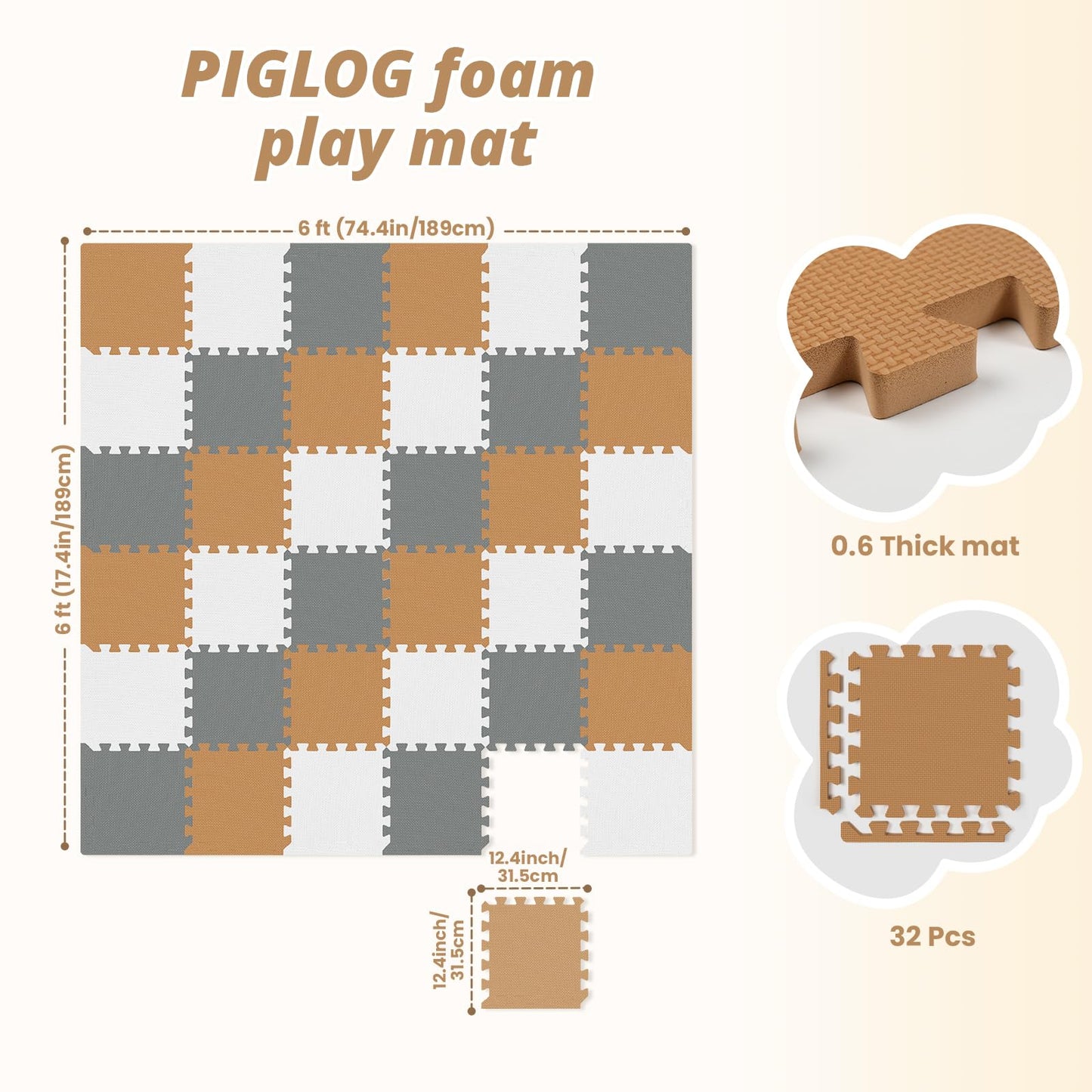 36Pcs Baby Play Mat for Floor, Foam Floor Tiles for Kids with Interlocking, Squares Foam Puzzle Carpet for Playroom,Crawling Rug for Babies 6-12 Months,Toddlers,11.8*11.8*0.6In Each,Grey White Brown