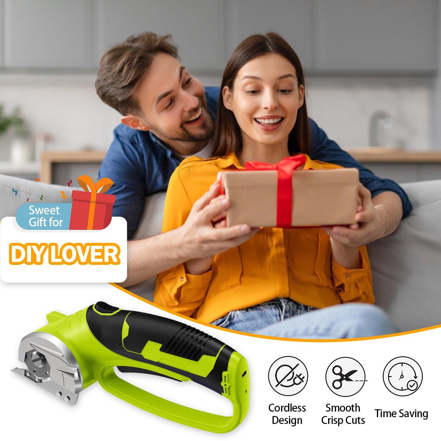 Cordless Electric Scissors, 4V Rechargeable Box Cutter & Cardboard Cutter with LED Light, Safety Lock - Rotary Cutter for Fabric, Leather, Carpet, Plastic, Crafting, Sewing with Storage Box (Green)