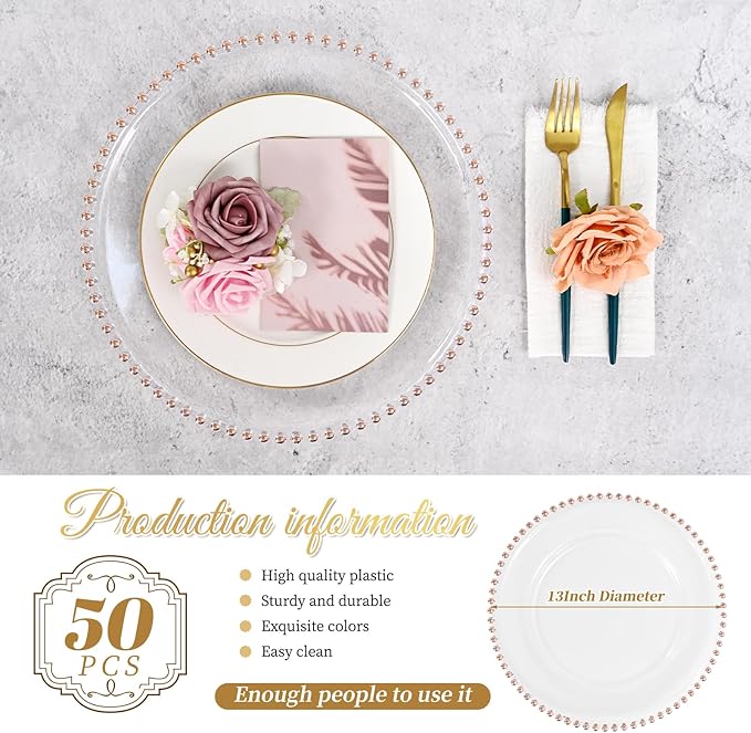 50 PCS Clear Round Charger Plates with Beaded Rim, 13 Inch Plastic Acrylic Plate, Plastic Round Beaded Dinner Decorative Service Plates for Wedding Party Event, Home Kitchen Tabletop(Pink)