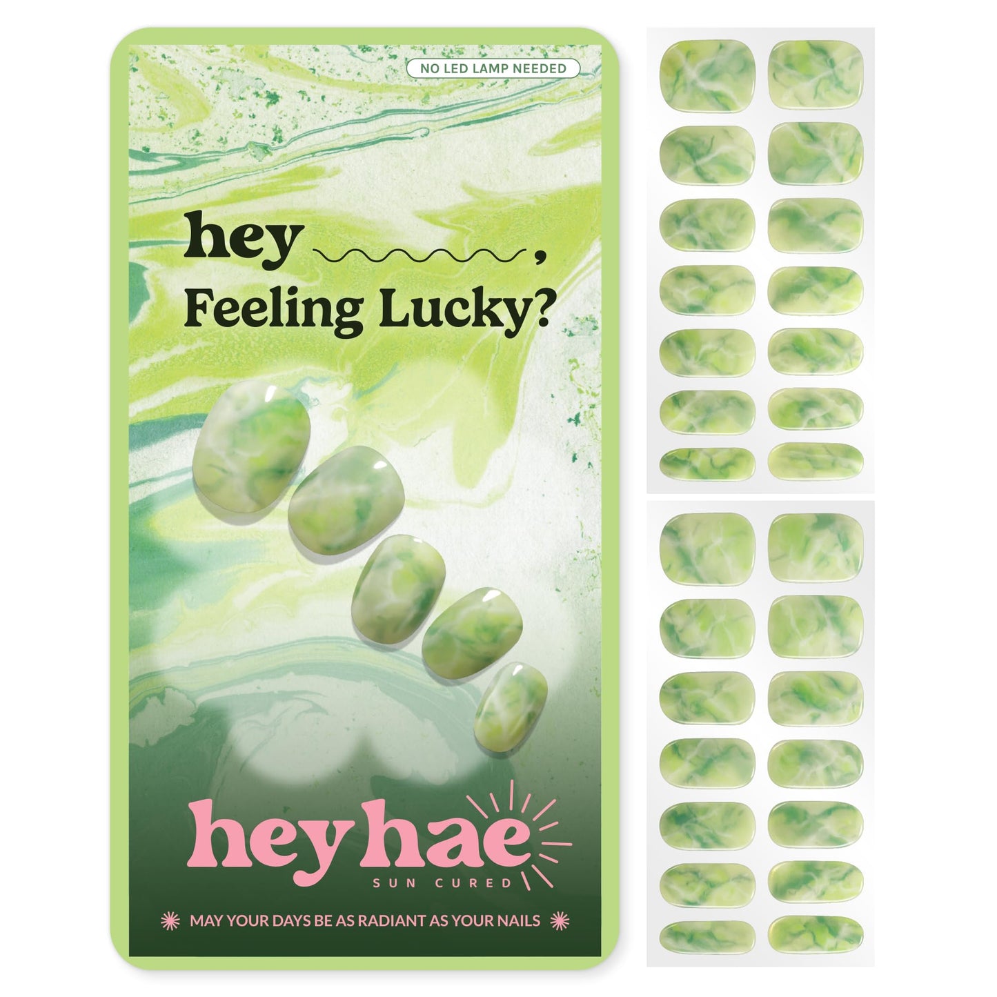Heyhae Semi Cured Gel Nail Strips | No LED Lamp Needed | Summer, Marble, Green | Easy Apply & Remove, Salon Quality | Includes 28 Strips, 1 Prep Pads, Nail File & Wooden Stick - Hey, Feeling Lucky?