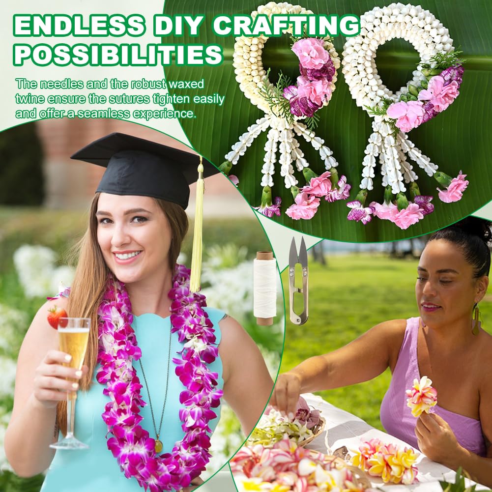 Ovrimelle 13 Pcs Lei Needle Kit, 6 Pcs 14 Inch Stainless Steel Long Lei Needle and 6 Rolls Twine 1 Sewing Scissors DIY Making Kit for Marigold Garland Hawaiian Flowers Bead Stitch Craft