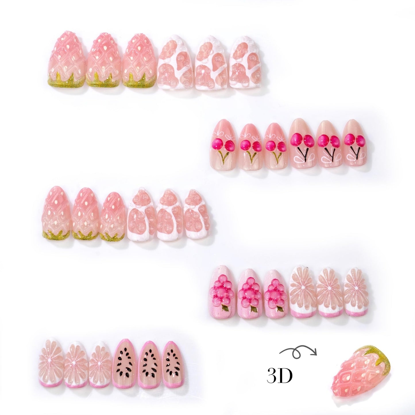 Medium Press on Nails Almond Fake Nails Pink Artificial Nail Cherry Strawberry Grape Daisy Fruit Pattern 3D Sweet Glossy Cute Summer Stick on Nail for Women 30pcs
