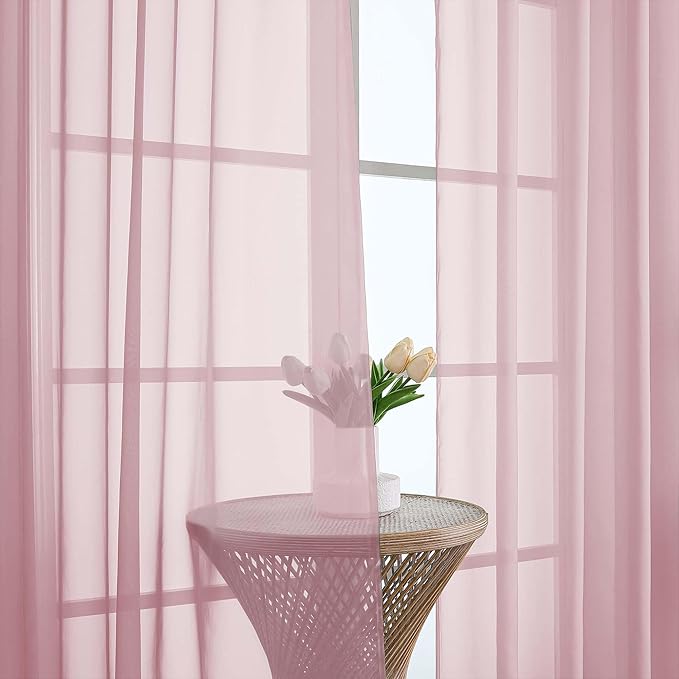 Chyhomenyc Blush Pink Sheer Curtains 96 Inches Long 2 Panels, Light Filtering Blush Pink Curtains for Living Room, Soft Gentle Voile Rod Pocket Bedroom Window Drapes, 59Wx96L Inch, 2PCS