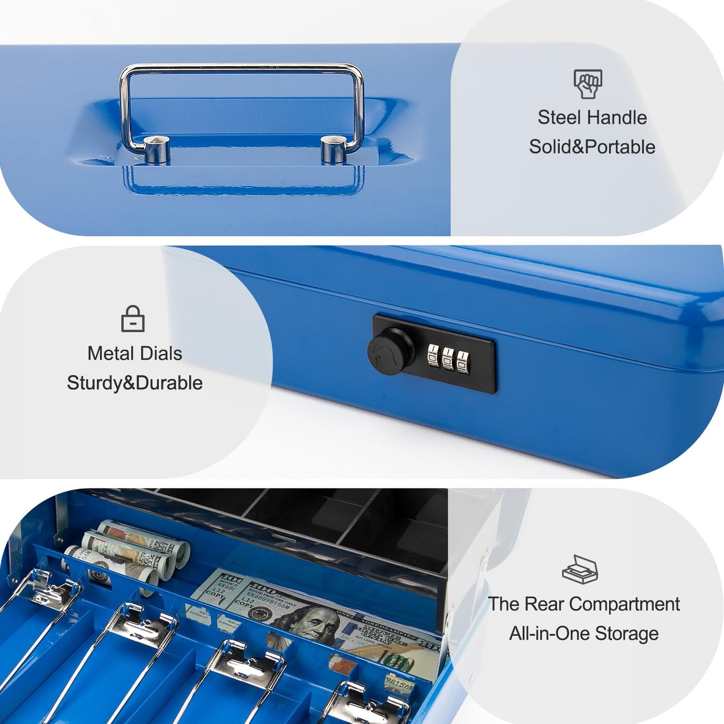 Jssmst Locking Metal Cash Box with Coin Lid, 11.8L x 9.5W x 3.5H Inches, Safe Money Box with Combination Lock, Blue, SM-CB0514BL
